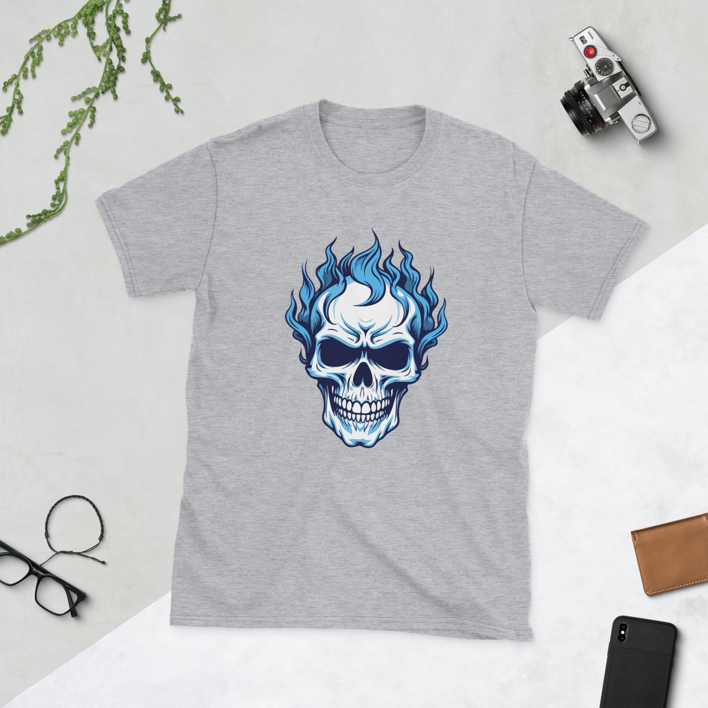 Skull with blue flames Short-Sleeve Unisex T-Shirt