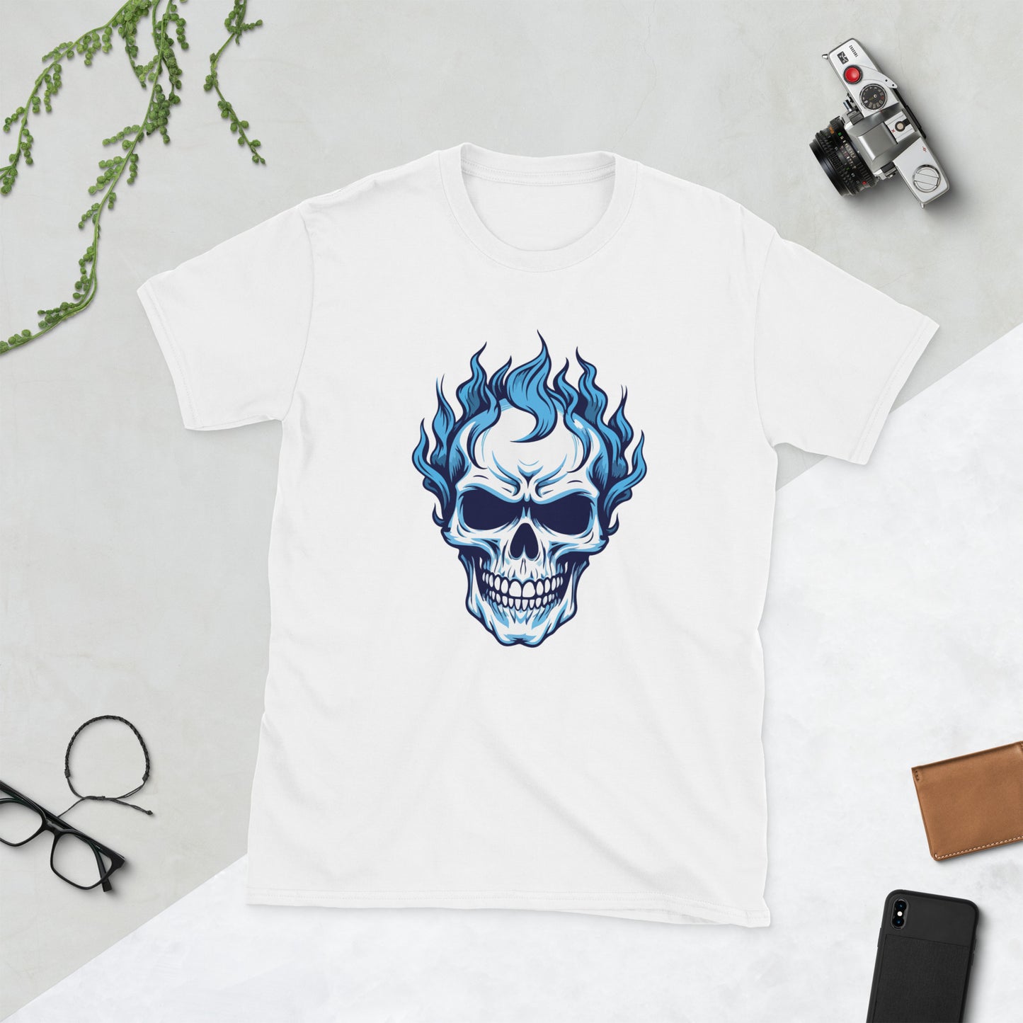 Skull with blue flames Short-Sleeve Unisex T-Shirt