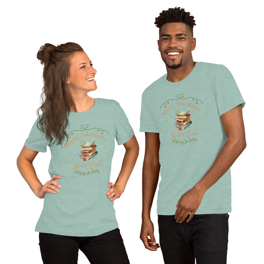 Where adventures Unisex t-shirt
