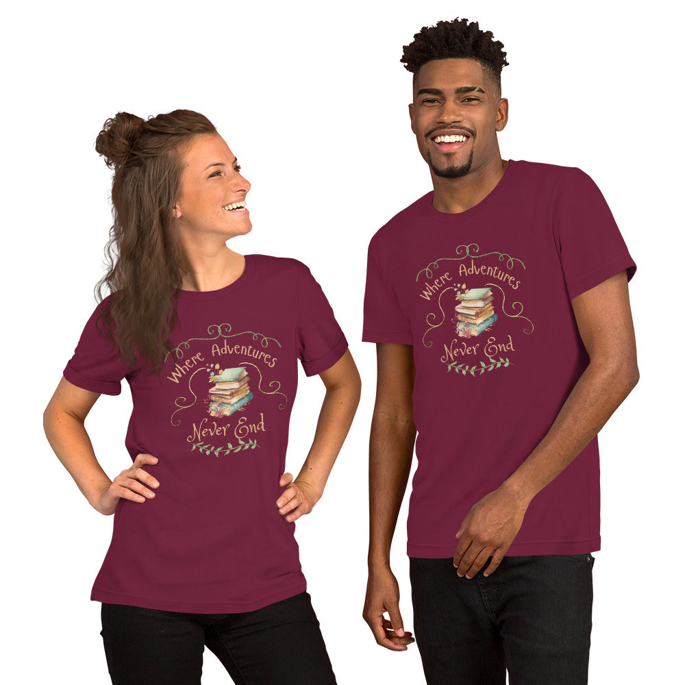 Where adventures Unisex t-shirt