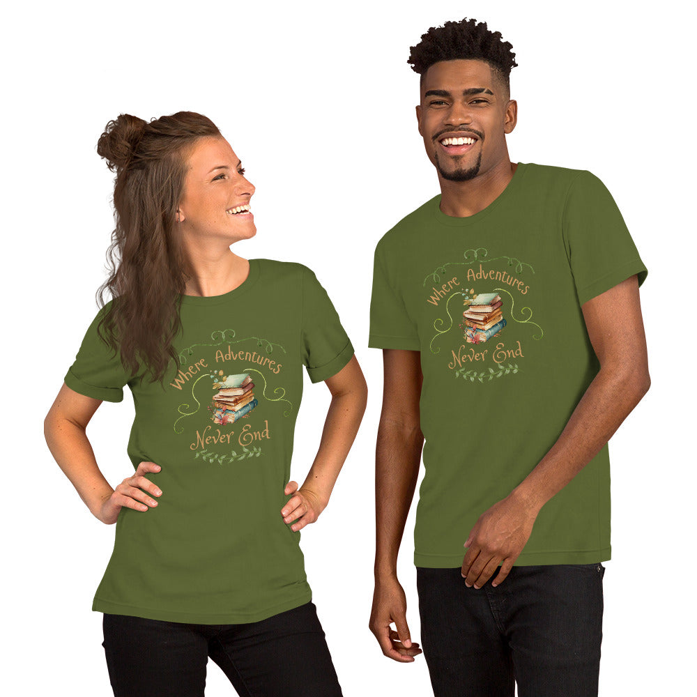 Where adventures Unisex t-shirt