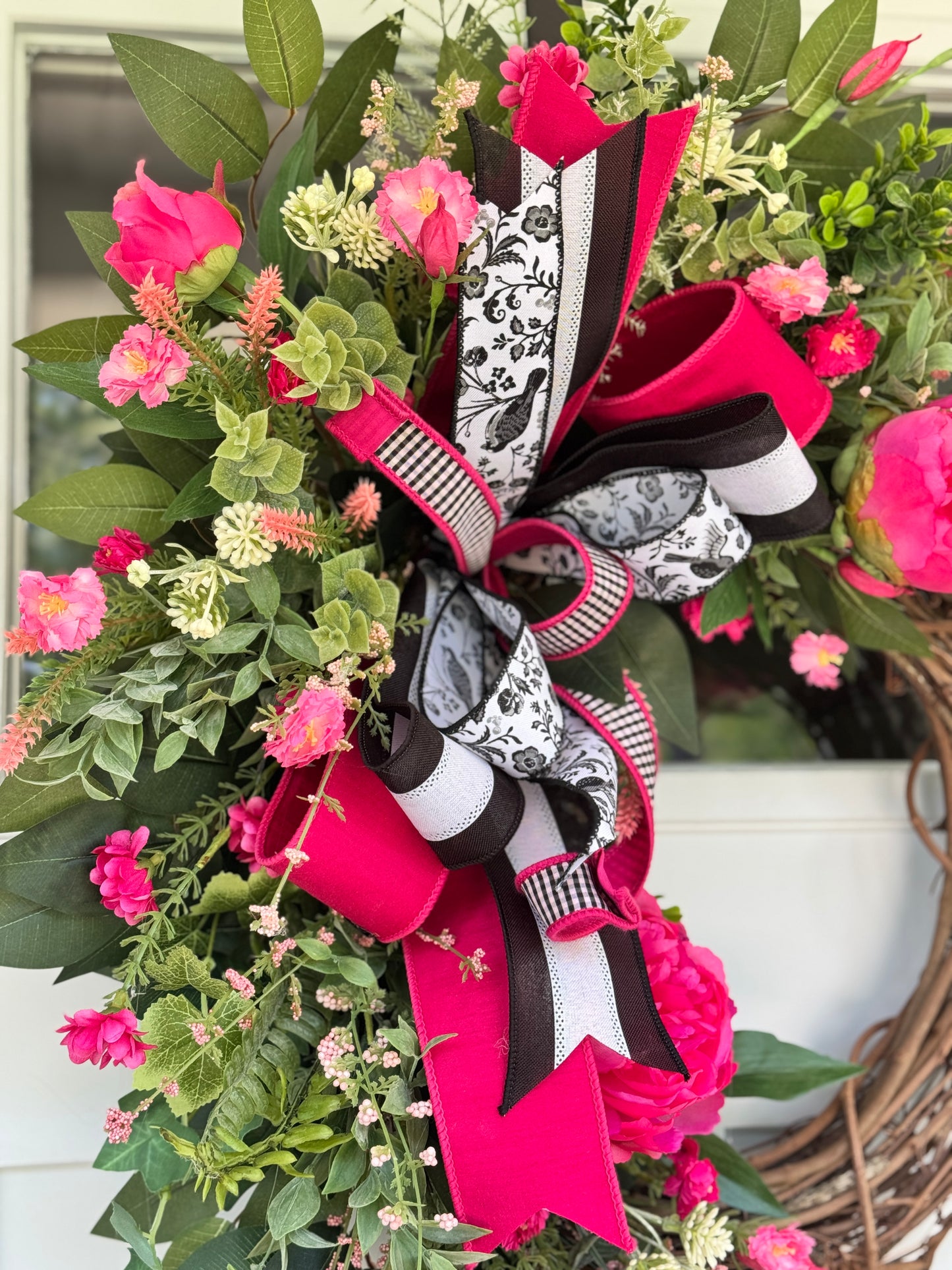 Charming Hot Pink Peony Wreath with Pink, Black & White Ribbon