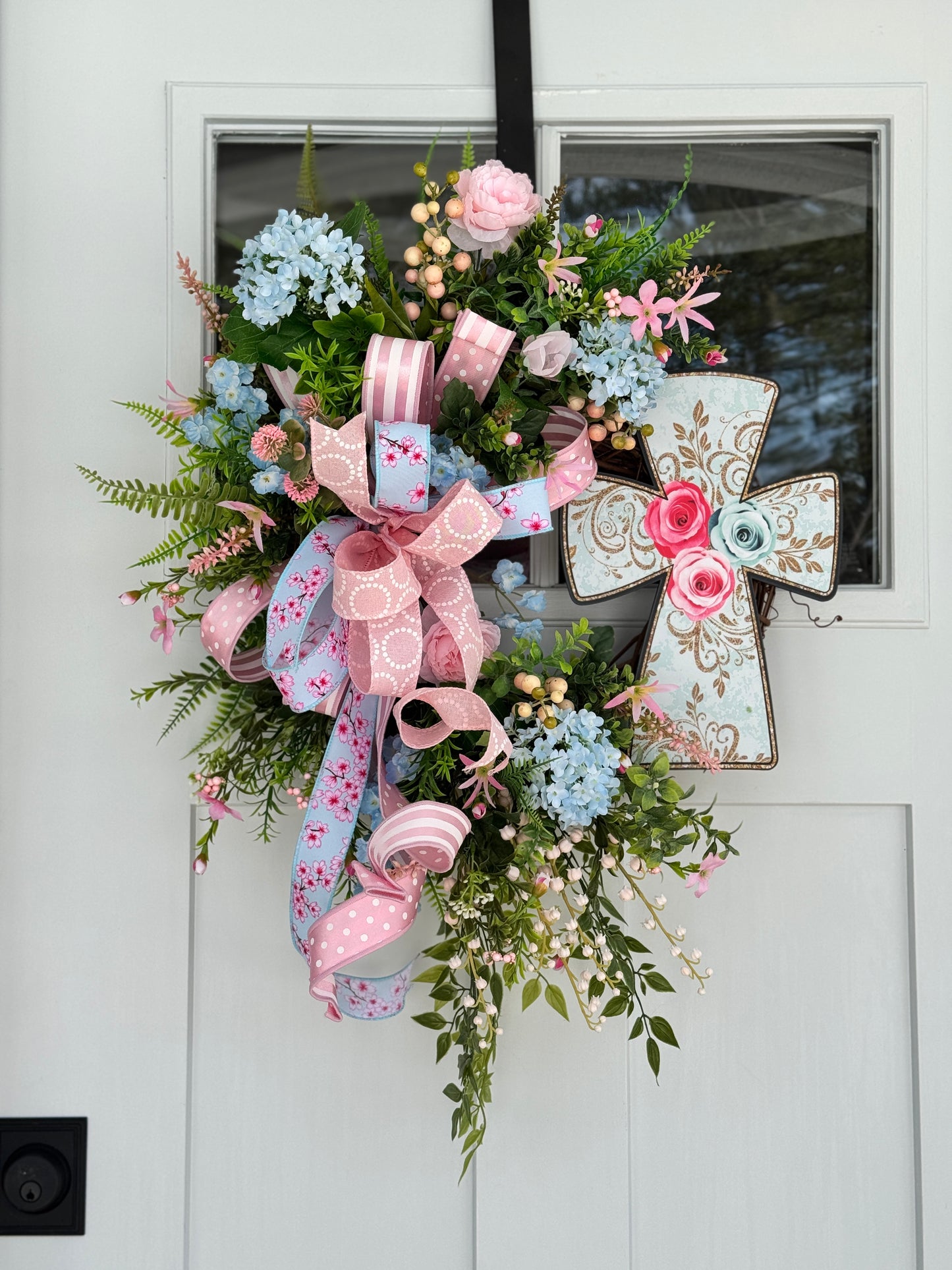 Pink and Blue Floral Easter Wreath with Cross