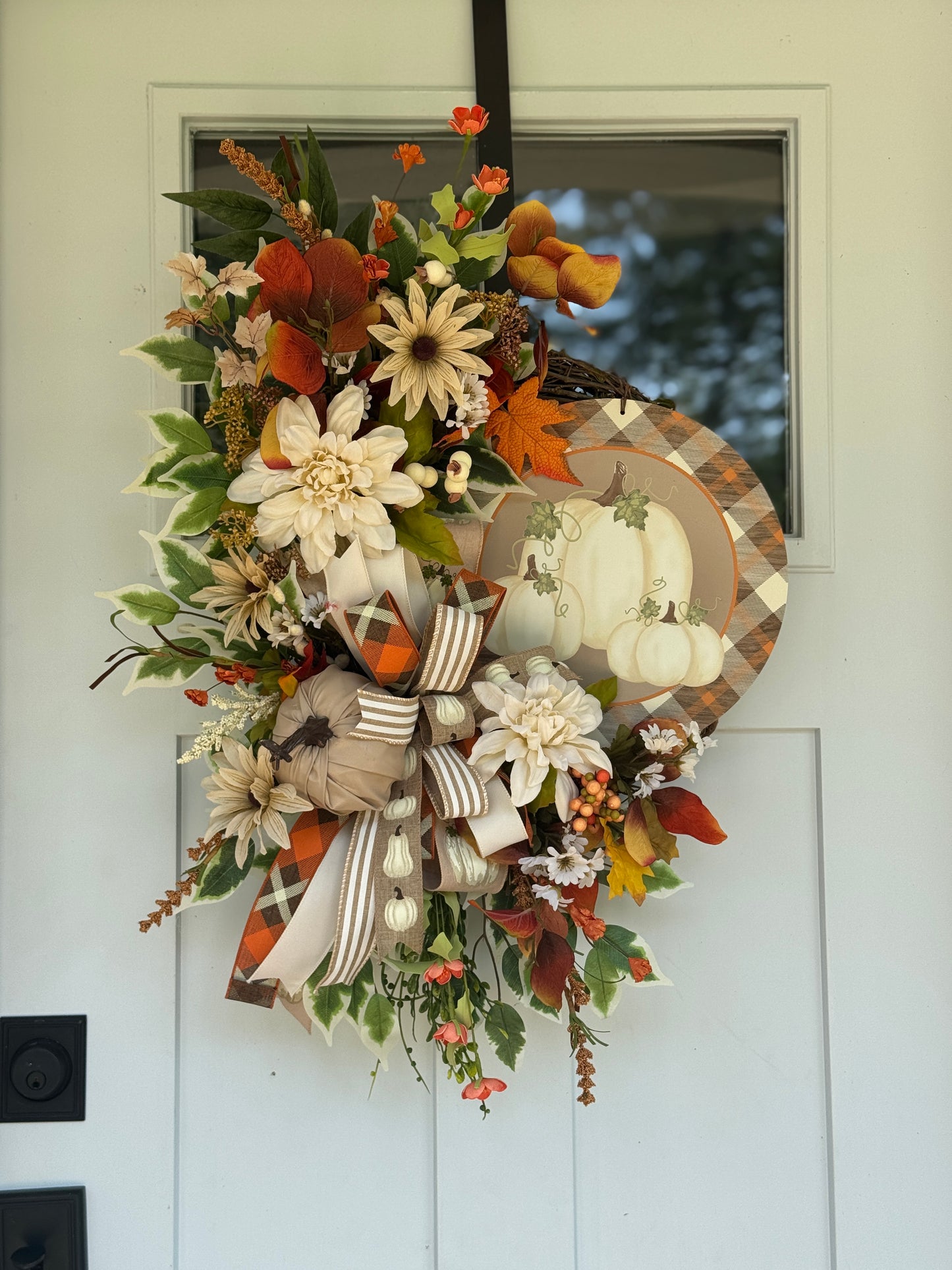 Neutral Autumn Floral Pumpkin Wreath