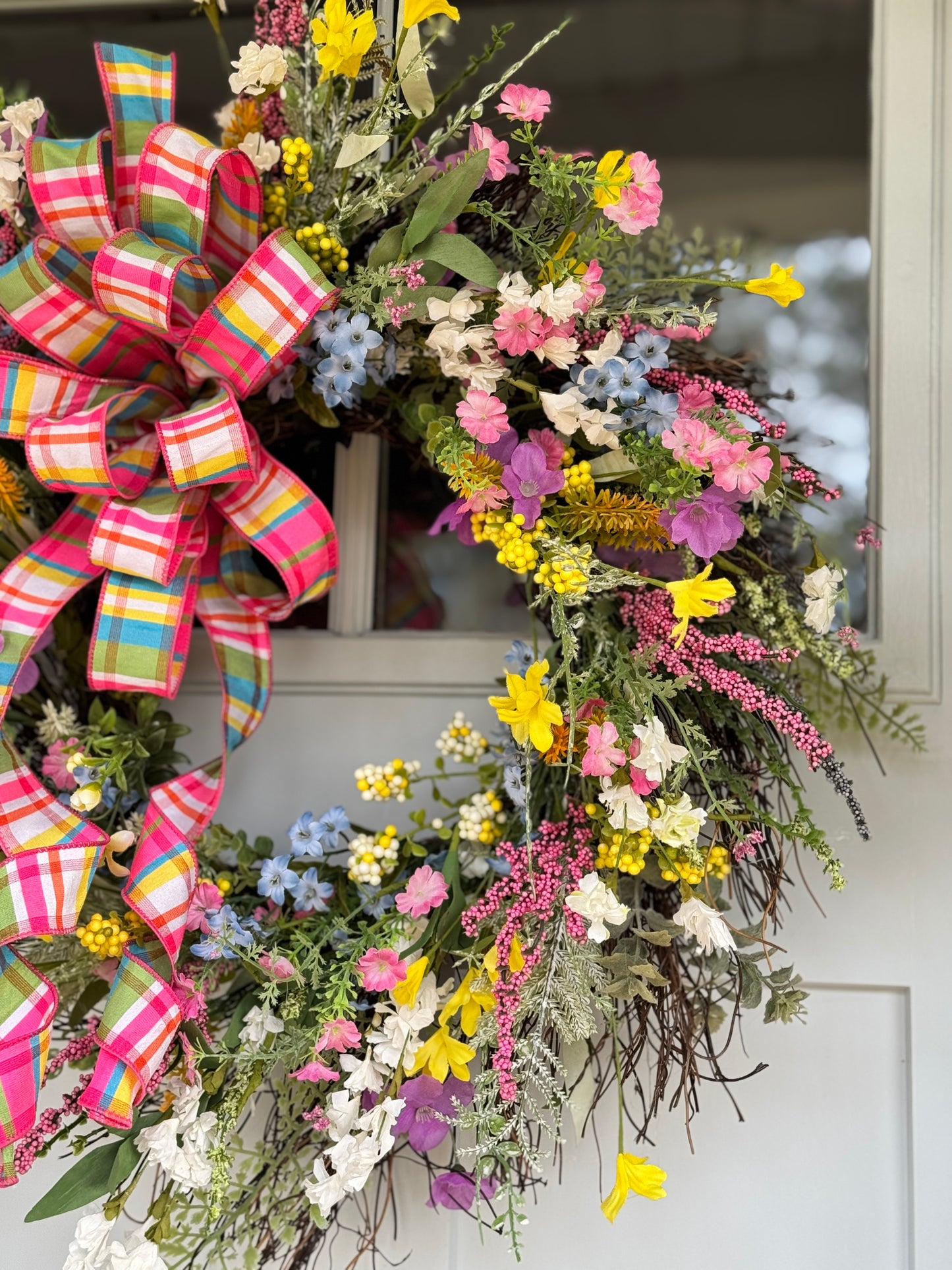 Multi-color Spring Floral Wreath with Plaid Bow