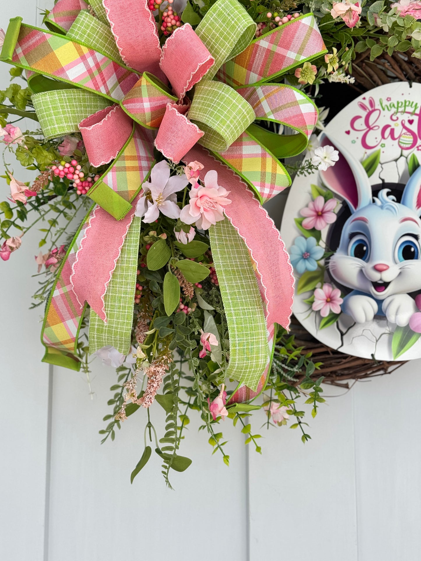 Easter Bunny Floral Wreath with Pink and Green Accents
