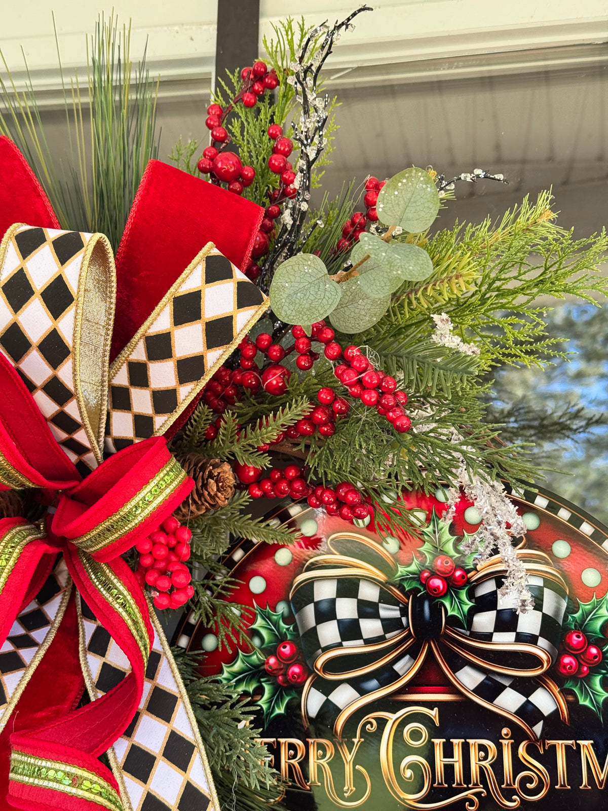 Harlequin “Merry Christmas” Grapevine Wreath