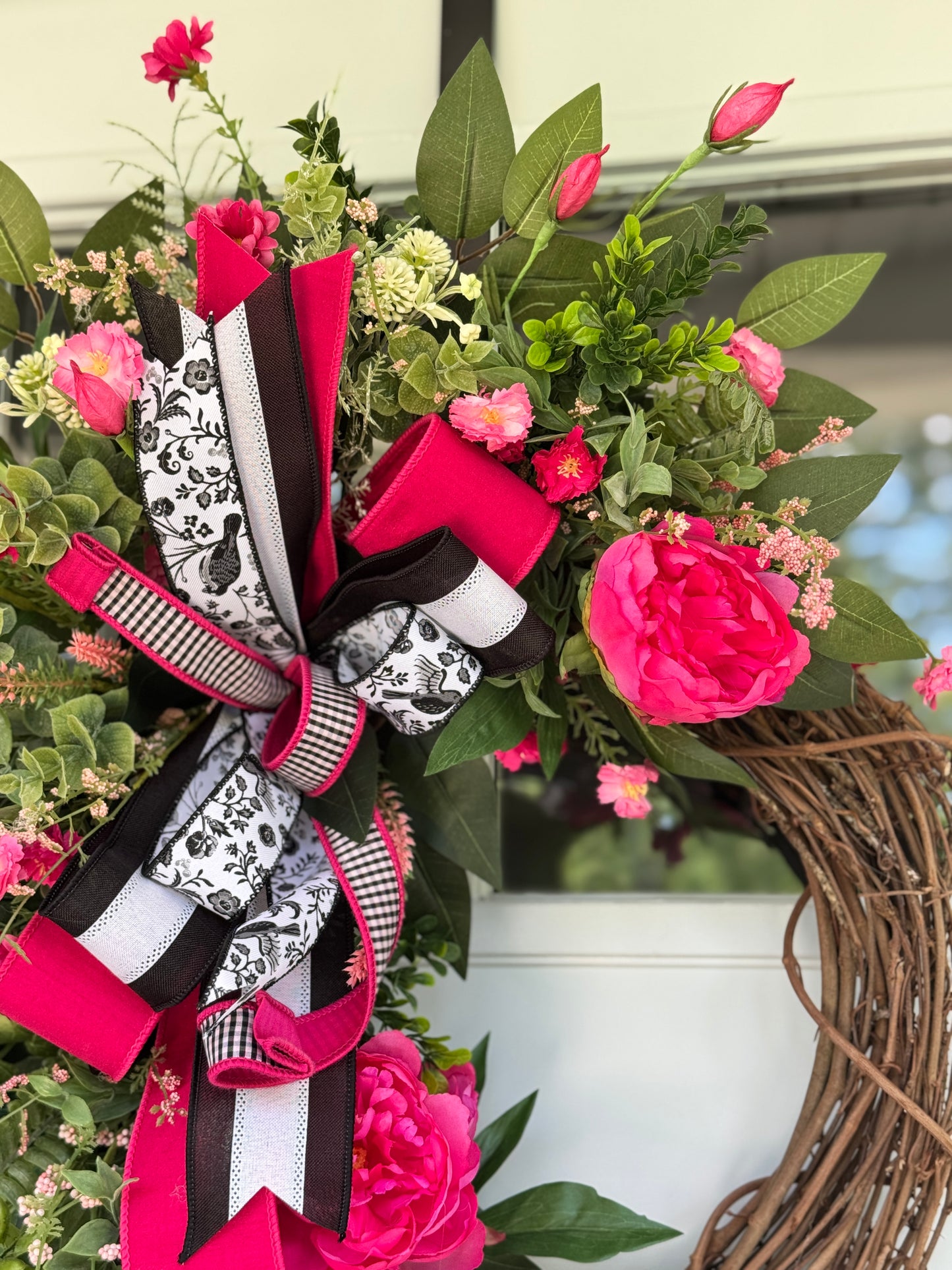 Charming Hot Pink Peony Wreath with Pink, Black & White Ribbon