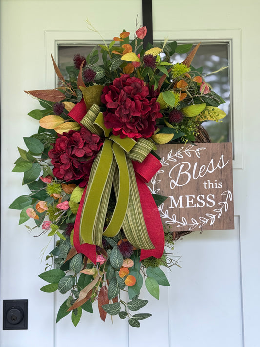 Burgundy Hydrangea Bless This Mess Wreath
