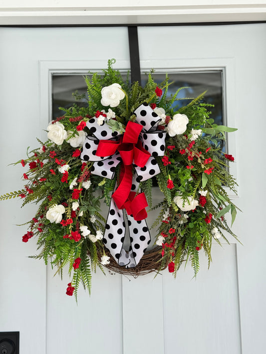 Red and White Beaded Fern Wreath