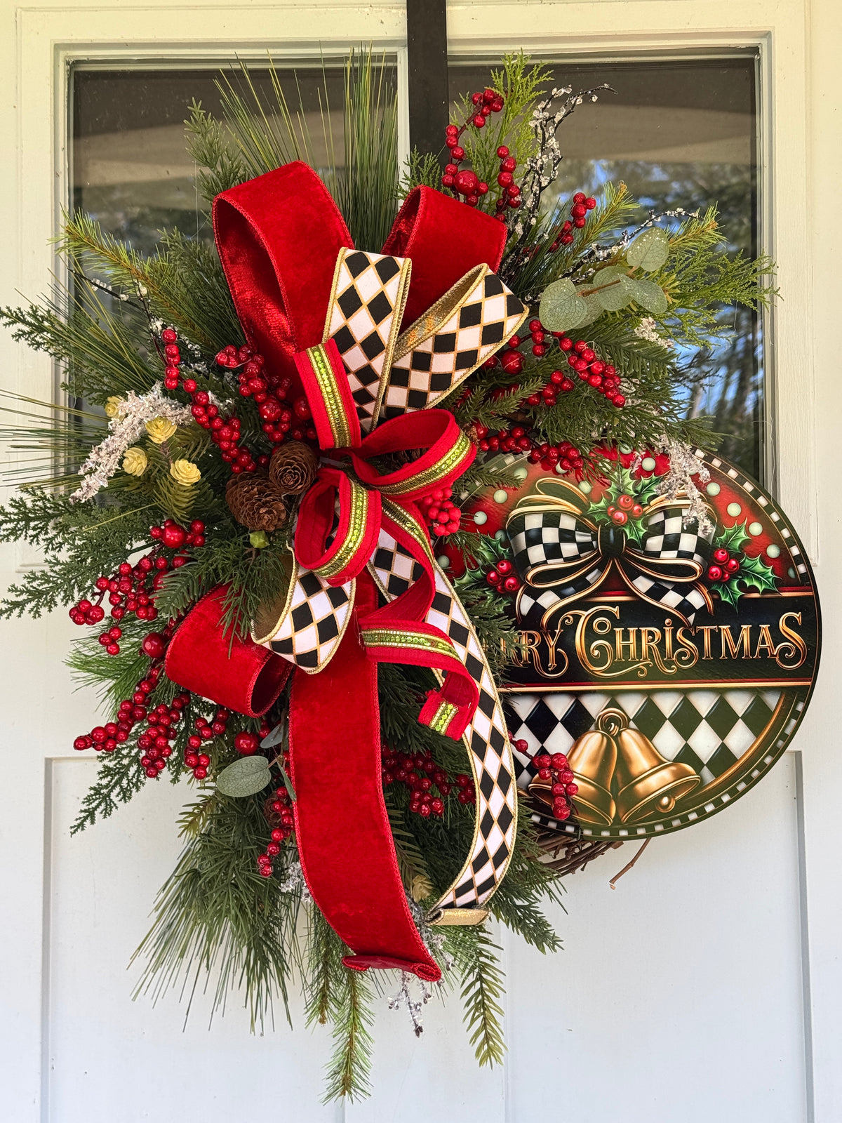 Harlequin “Merry Christmas” Grapevine Wreath