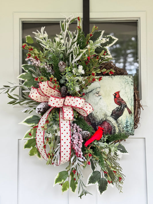 Vintage Inspired Santa and Cardinal Wreath