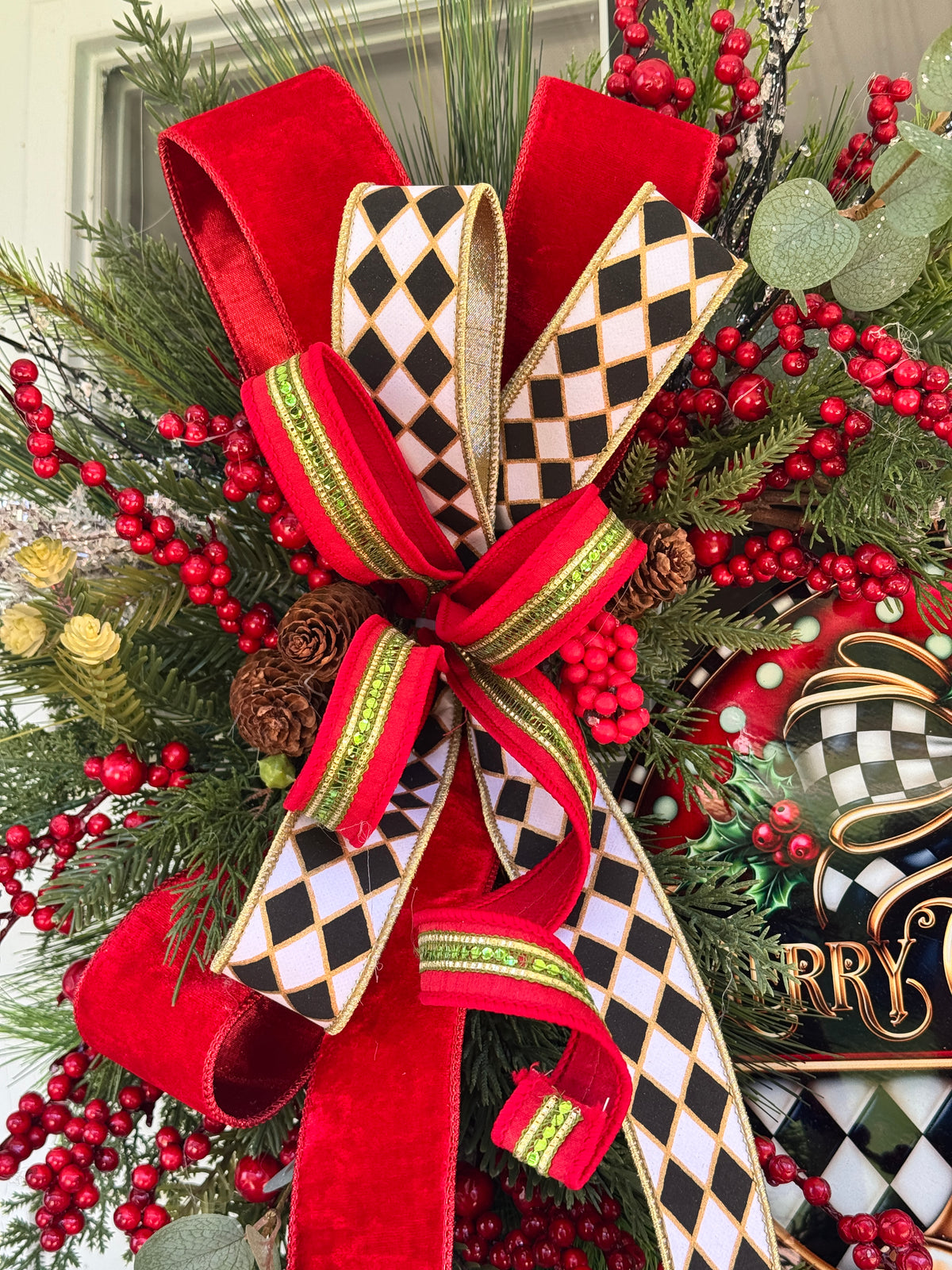 Harlequin “Merry Christmas” Grapevine Wreath