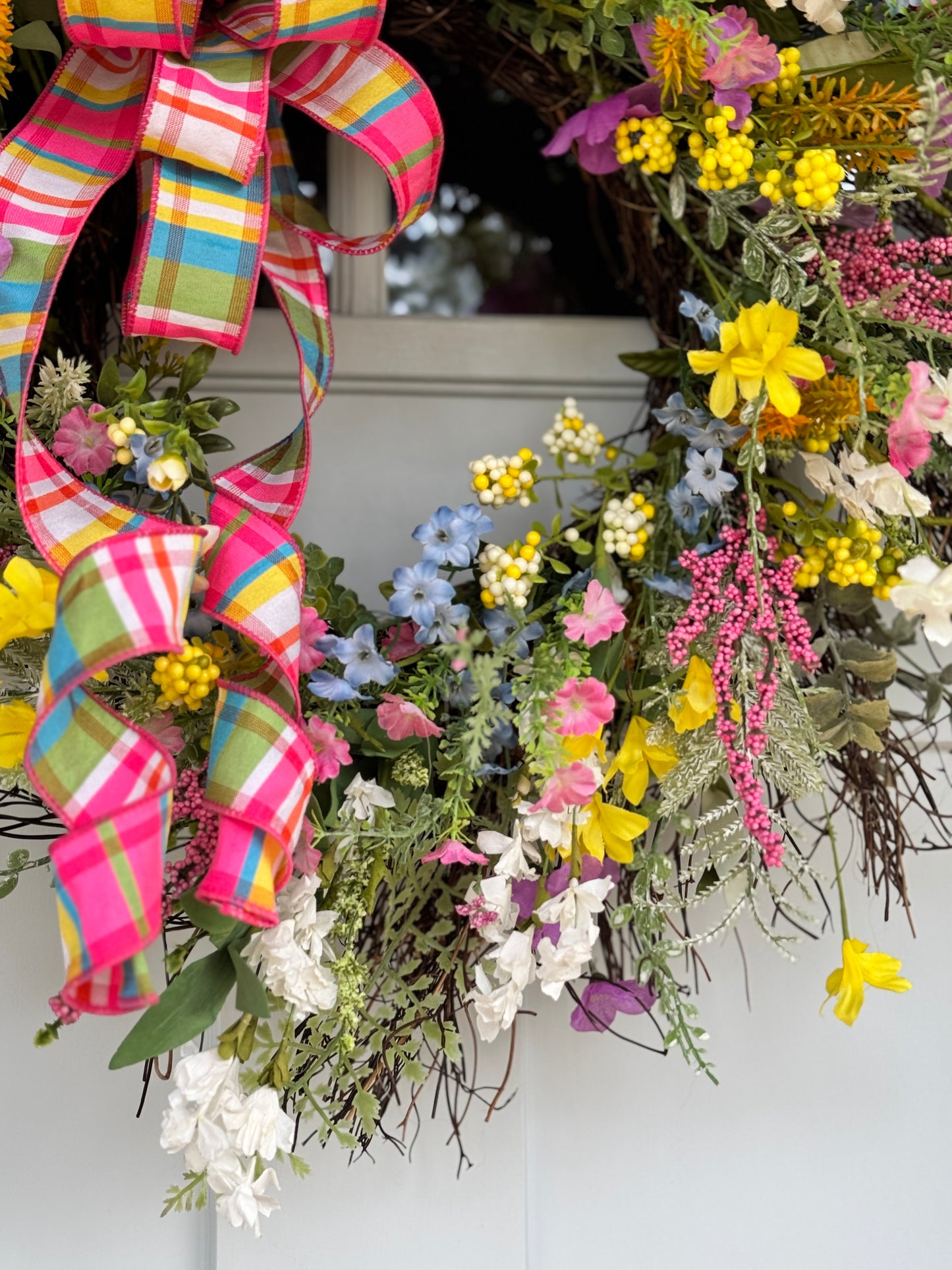 Multi-color Spring Floral Wreath with Plaid Bow