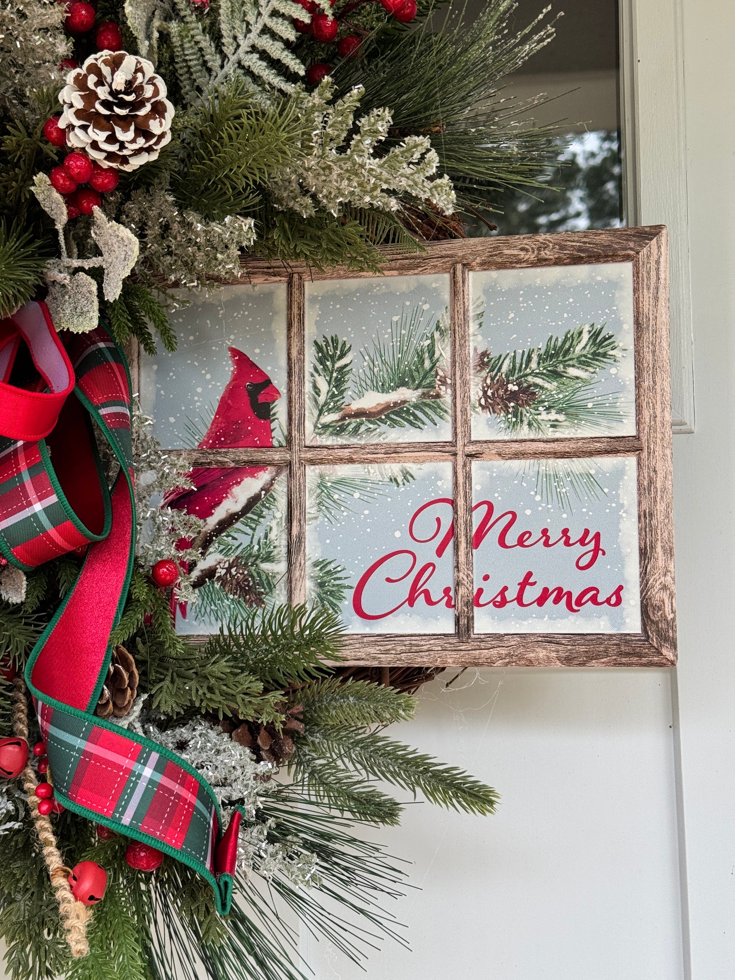 Christmas Wreath with Cardinal Window Pane Sign