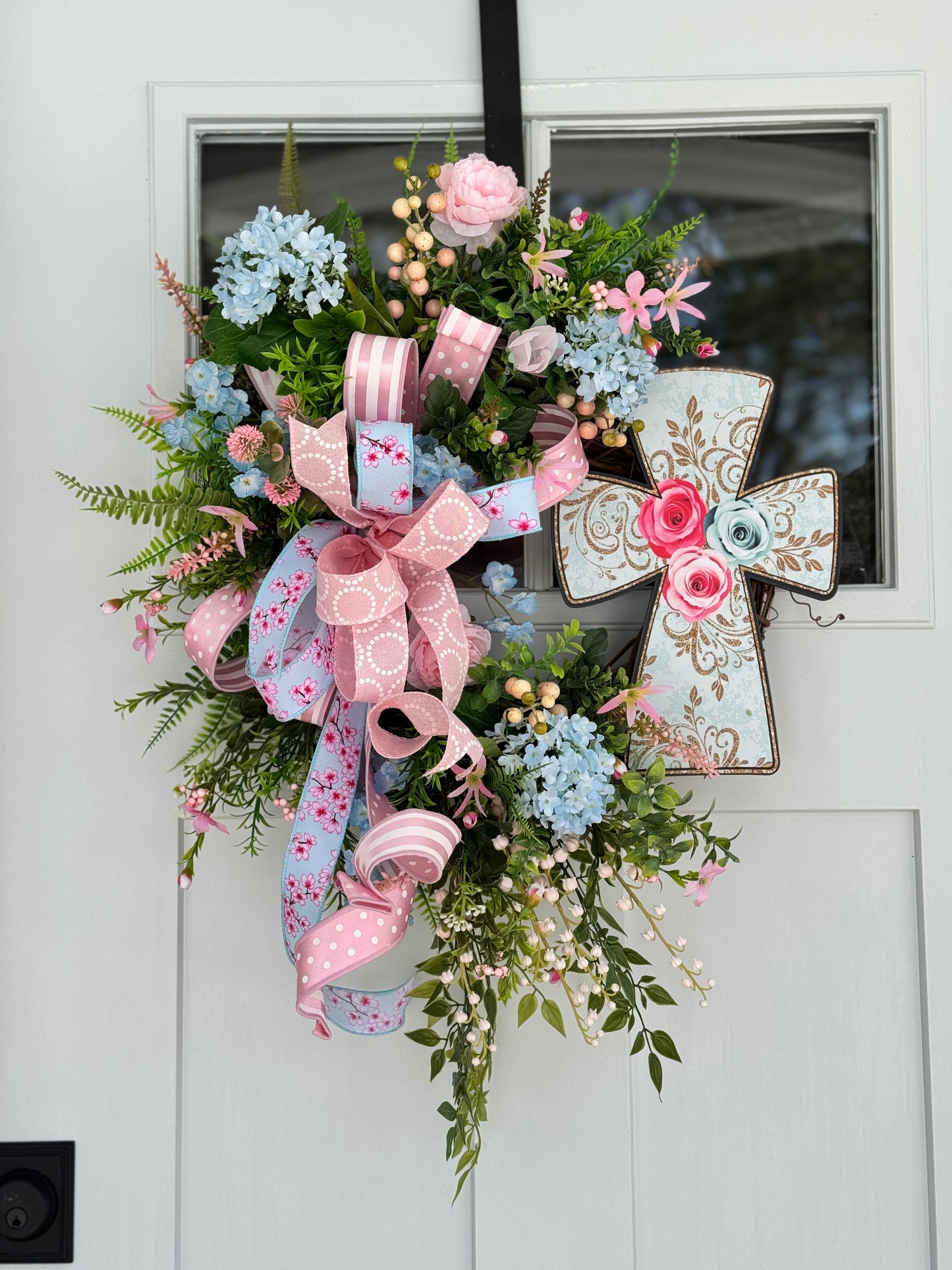Pink and Blue Floral Easter Wreath with Cross