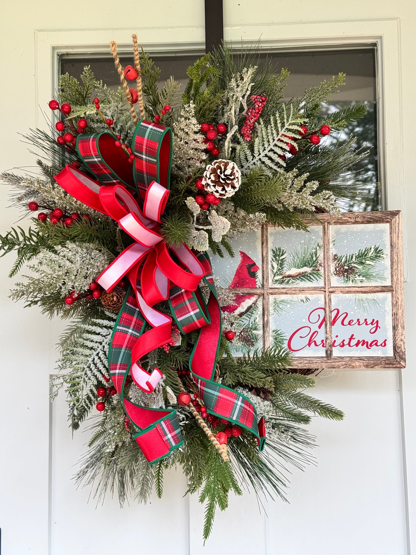 Christmas Wreath with Cardinal Window Pane Sign