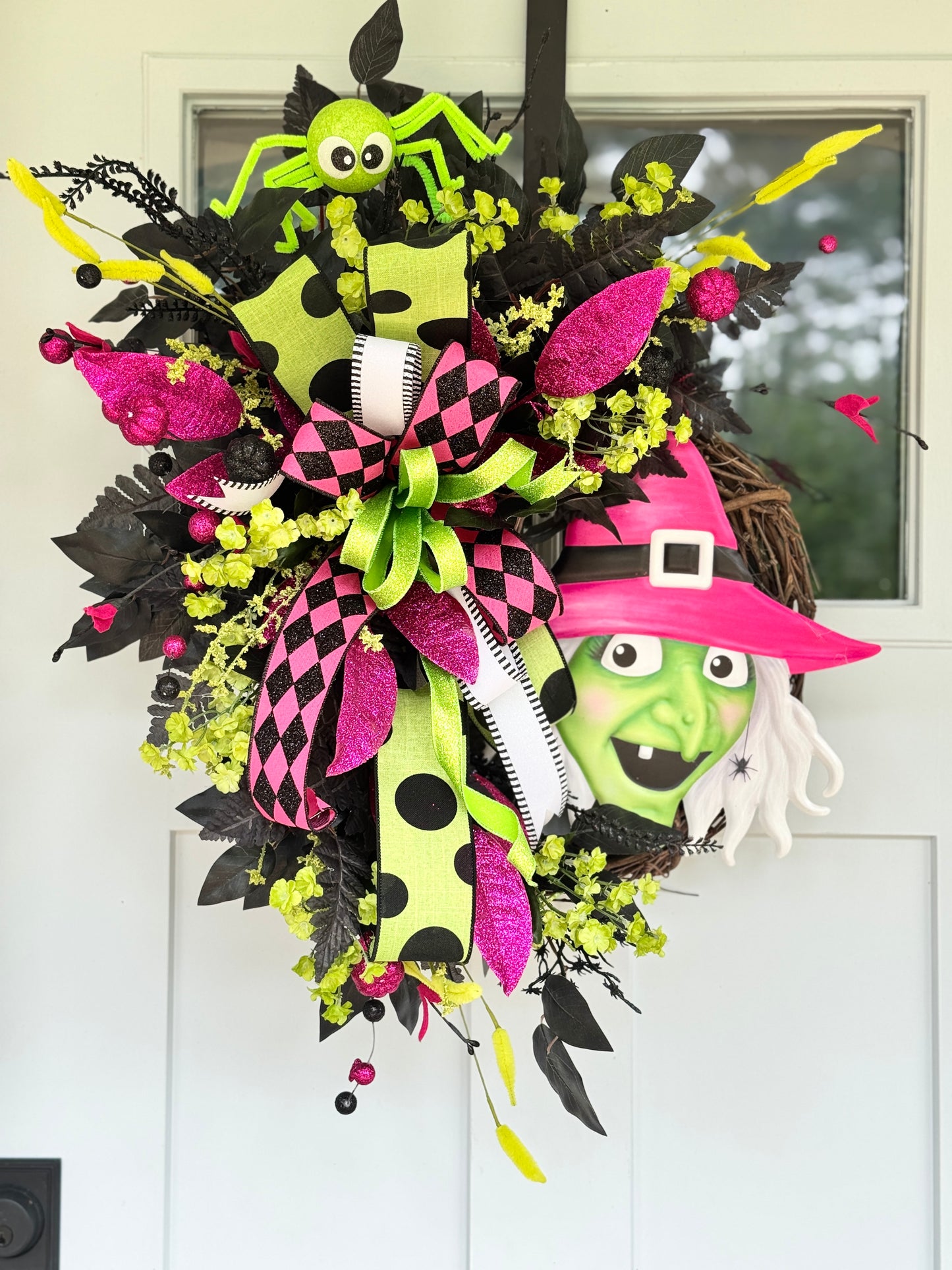 Vibrant Pink & Green Witch Halloween Wreath