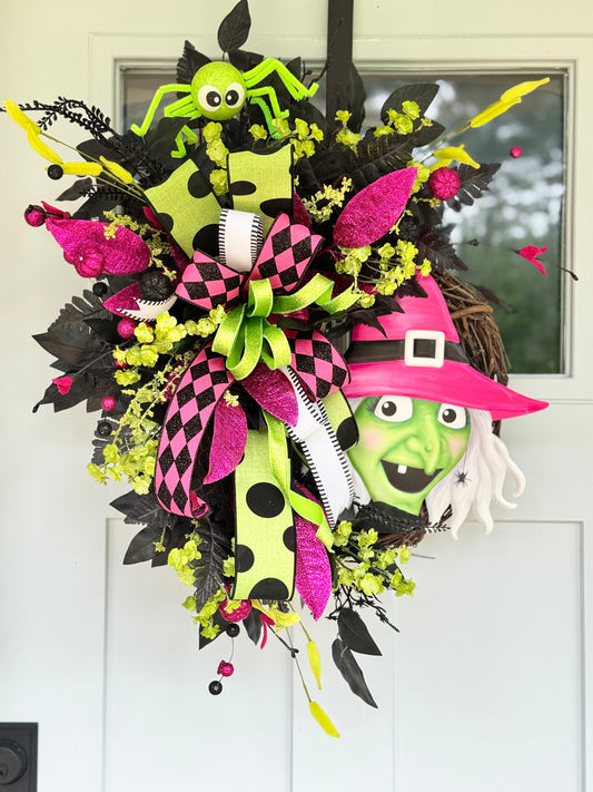 Vibrant Pink & Green Witch Halloween Wreath