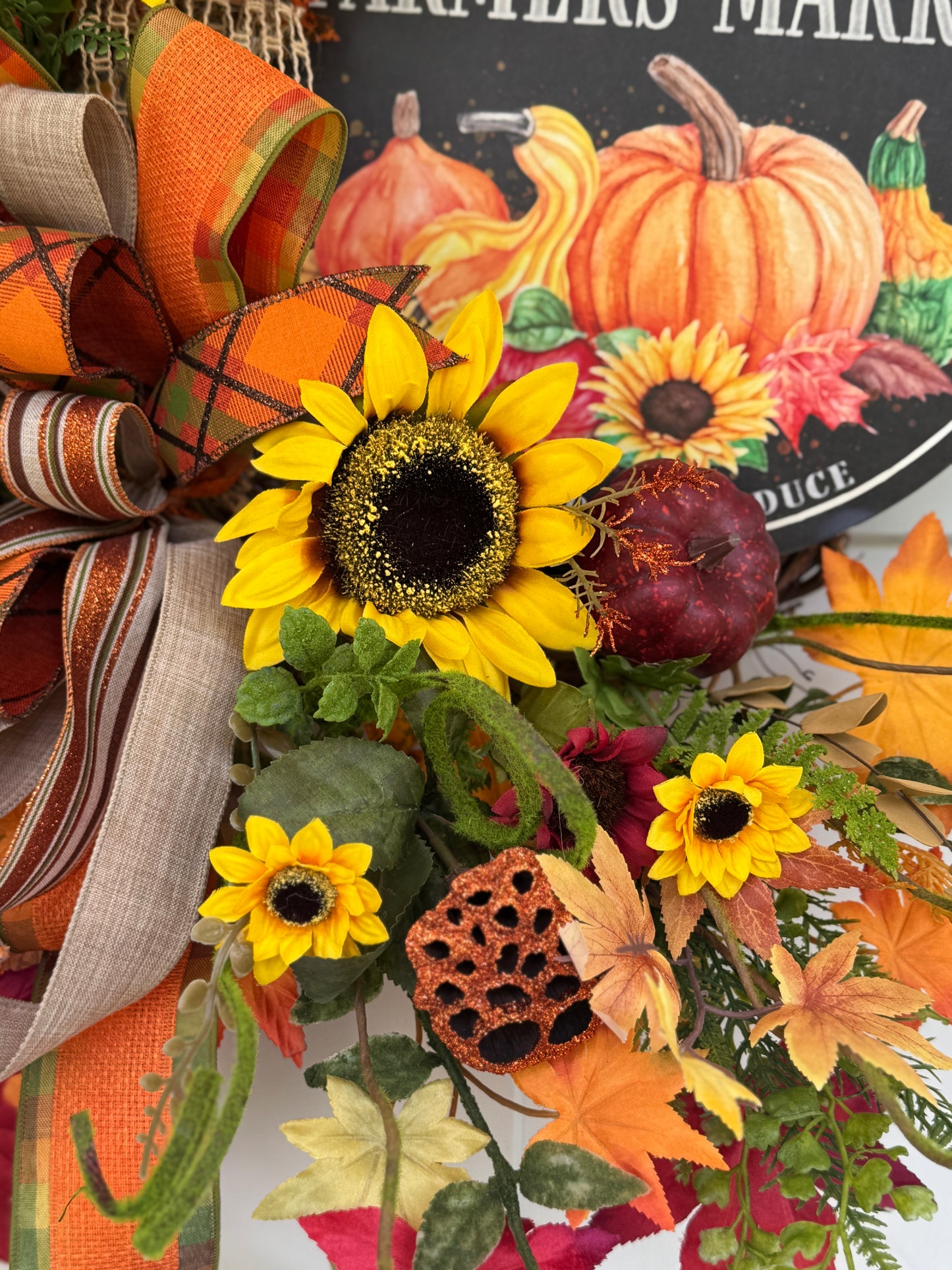 Autumn Harvest Wreath with Sunflowers and Pumpkins