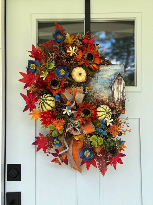 Autumn Harvest Floral Wreath with Pumpkins