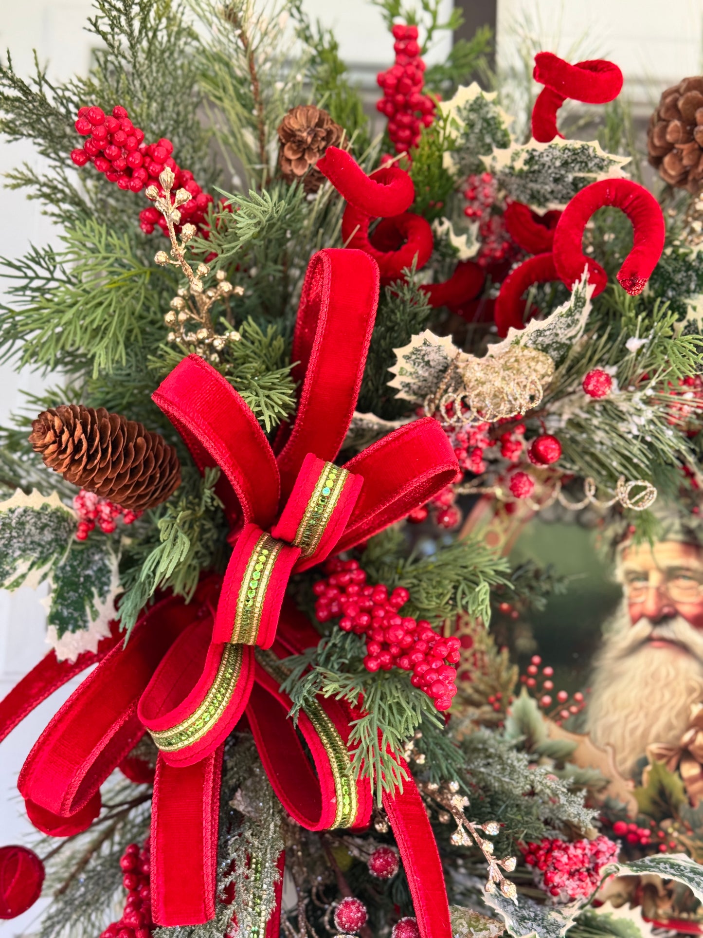 Vintage Inspired Santa Christmas Wreath Red and Gold