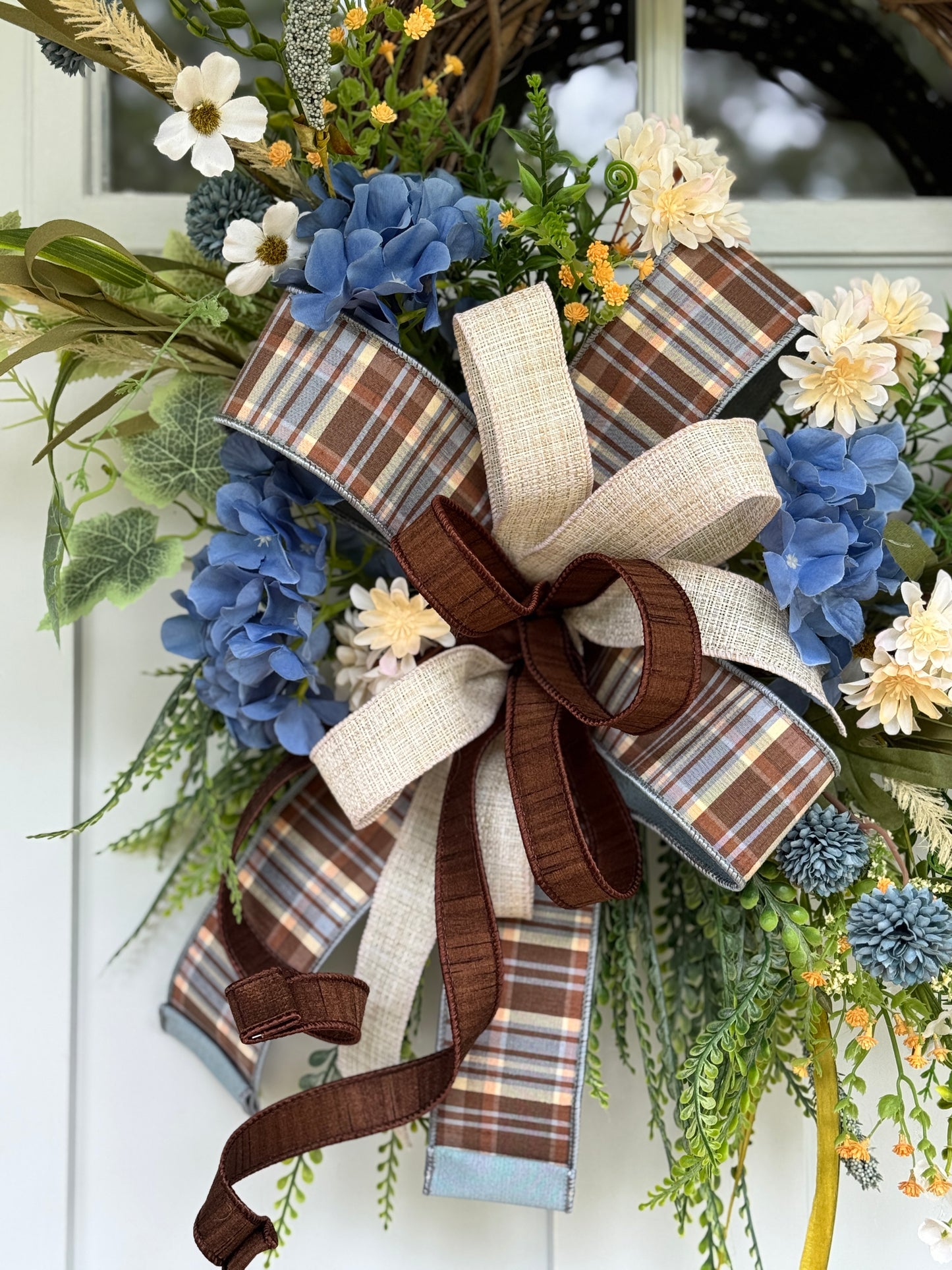 Cozy Fall Blue & Cream Floral Wreath