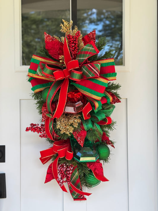 Festive Red and Green Jewel Winter/Holiday Door Swag