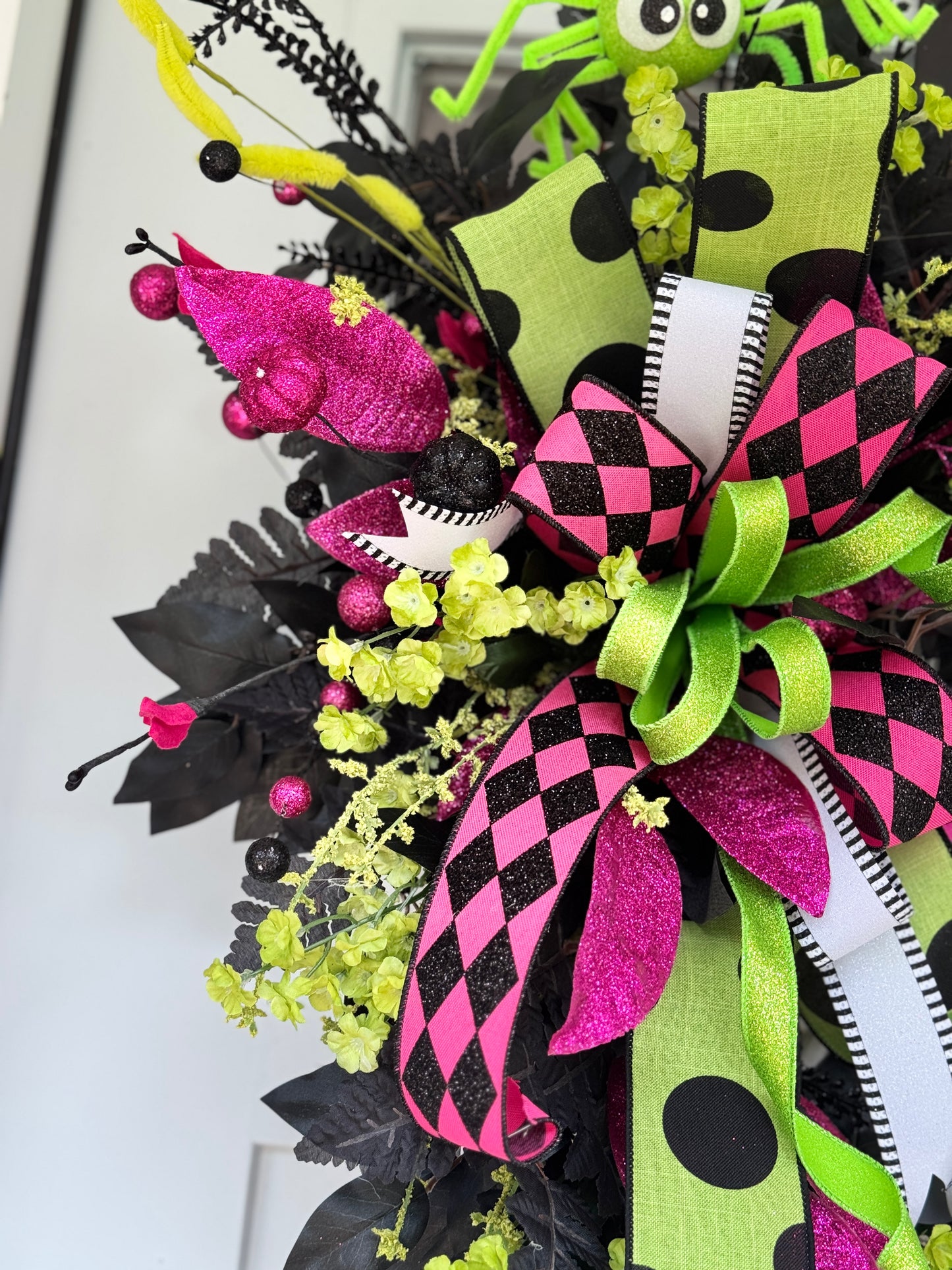 Vibrant Pink & Green Witch Halloween Wreath