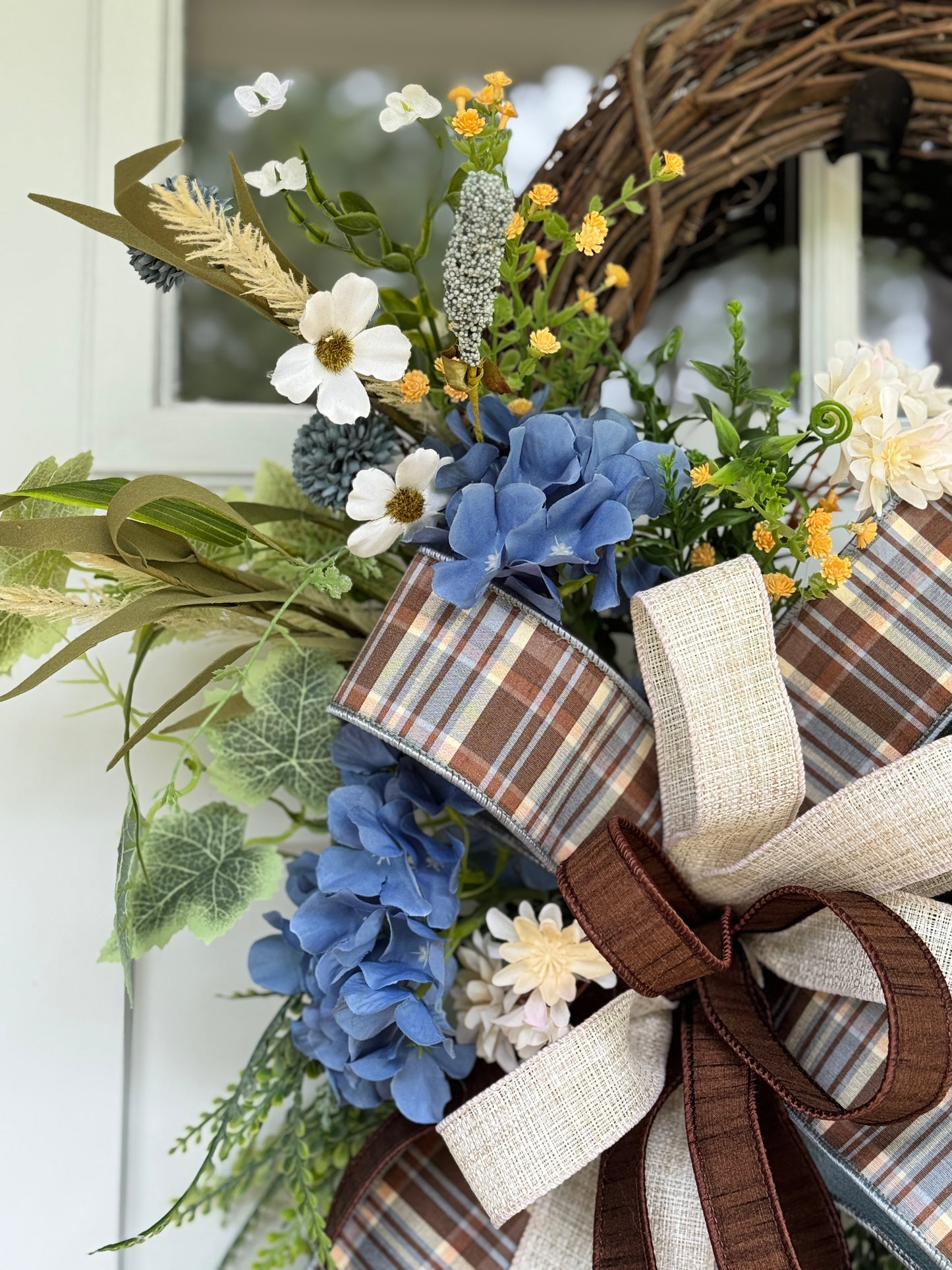 Cozy Fall Blue & Cream Floral Wreath