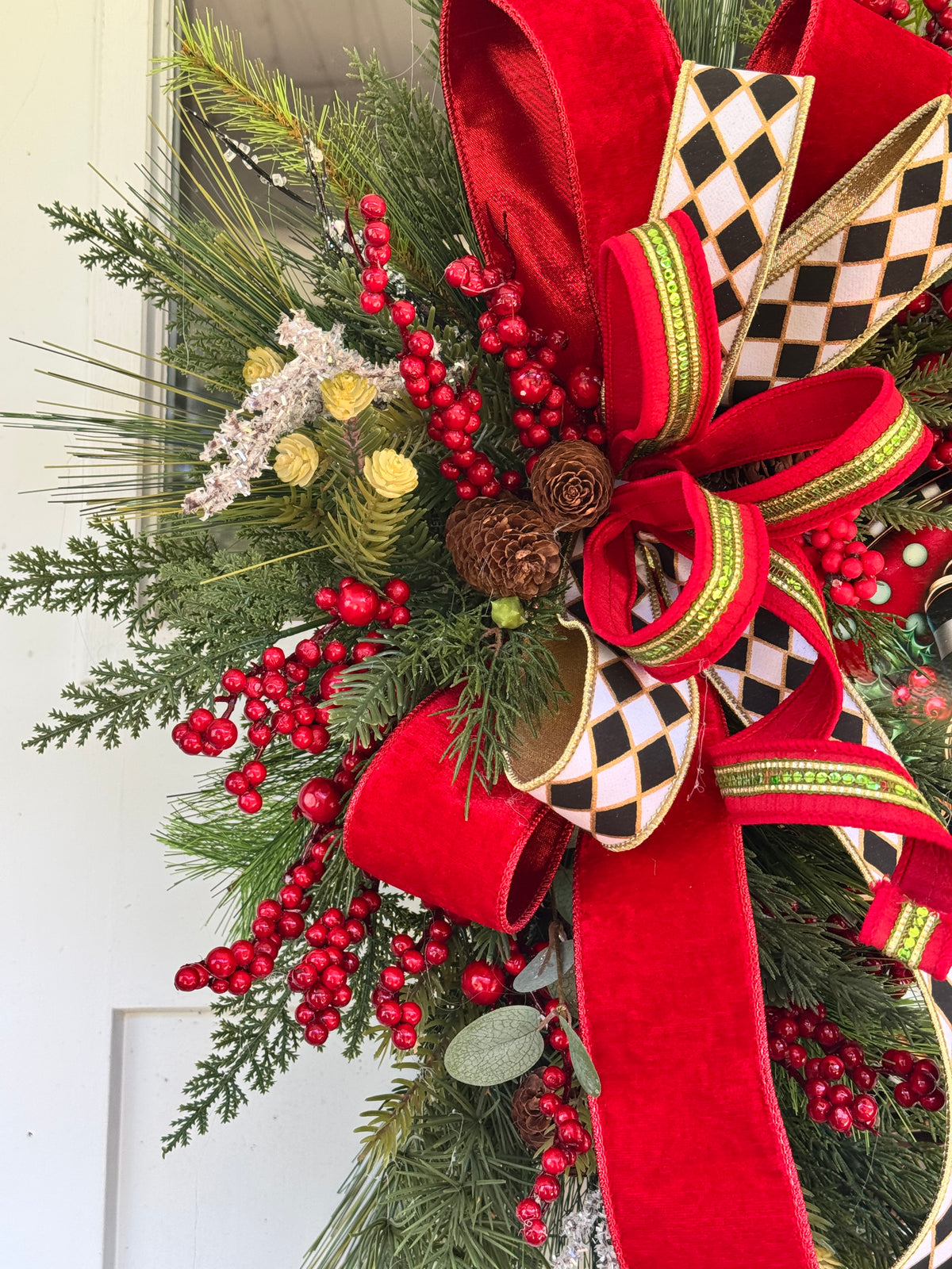 Harlequin “Merry Christmas” Grapevine Wreath