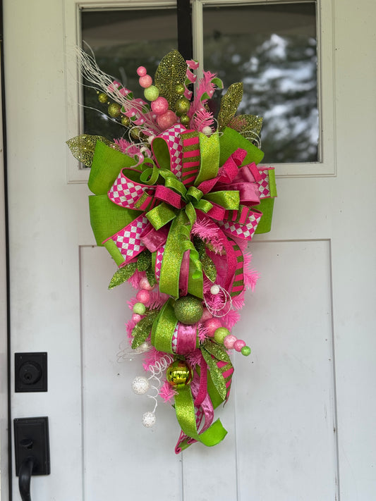 Vibrant Pink and Green Holiday Door Swag