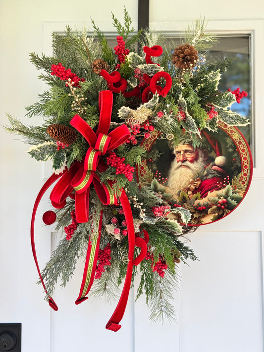 Vintage Inspired Santa Christmas Wreath Red and Gold