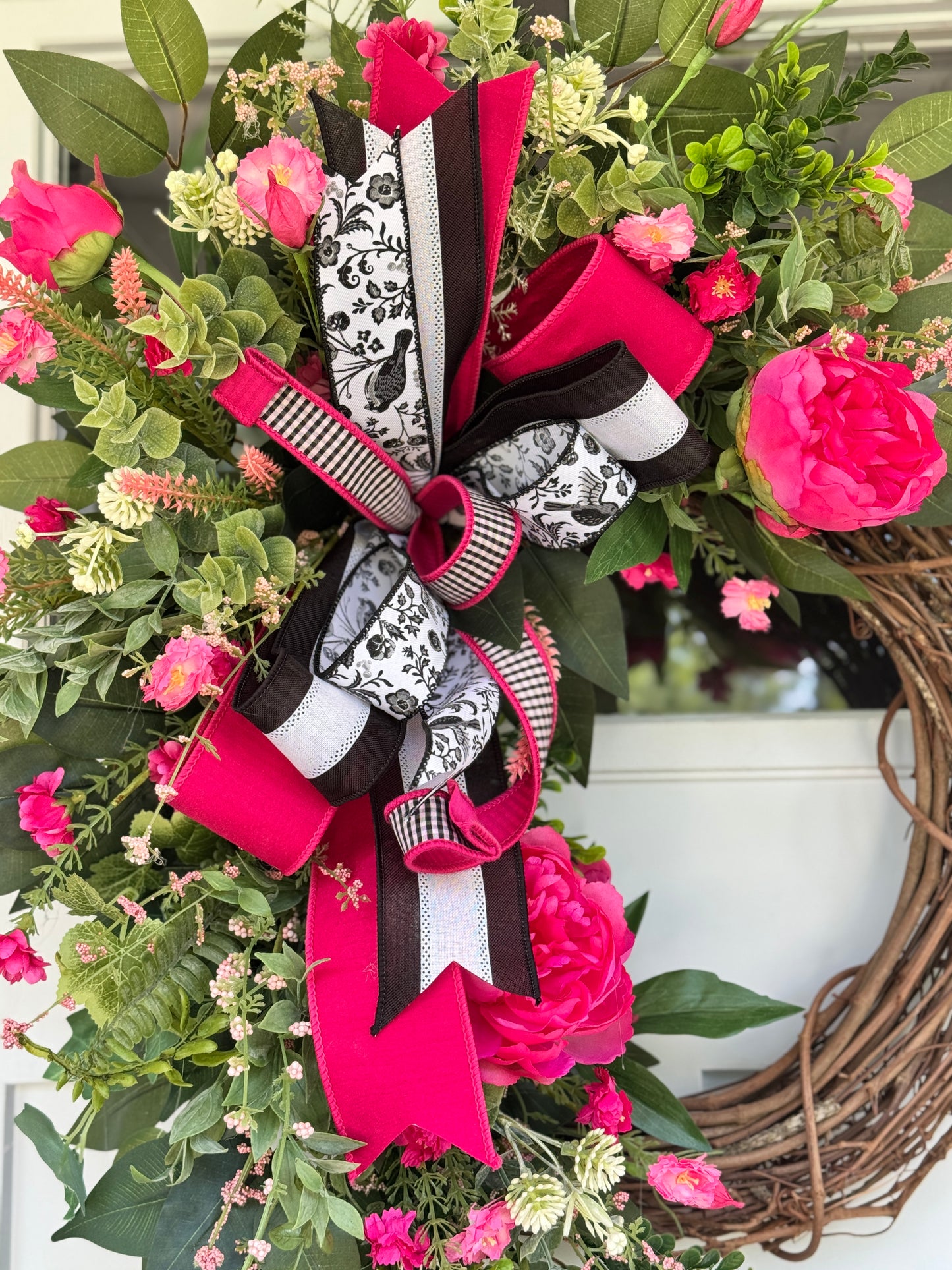 Charming Hot Pink Peony Wreath with Pink, Black & White Ribbon