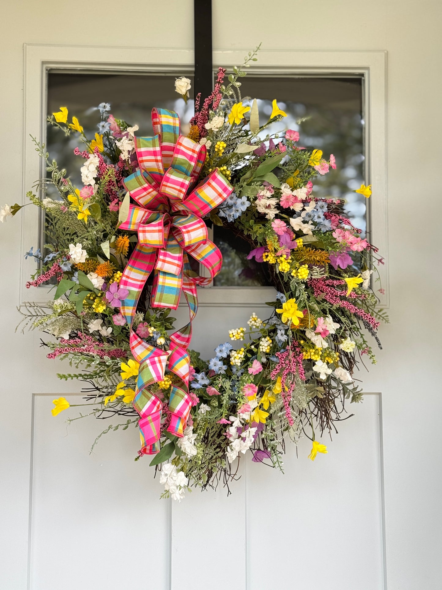 Multi-color Spring Floral Wreath with Plaid Bow