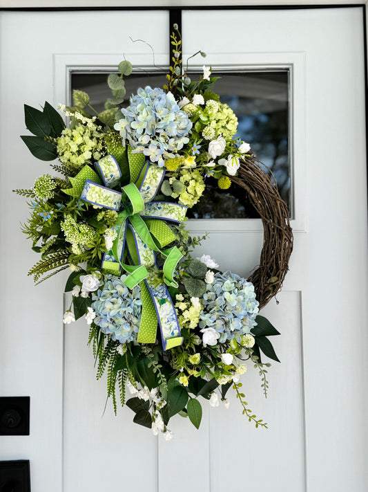Large Blue and Green Hydrangea Wreath