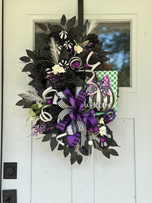 Black and White Pumpkin Halloween Wreath