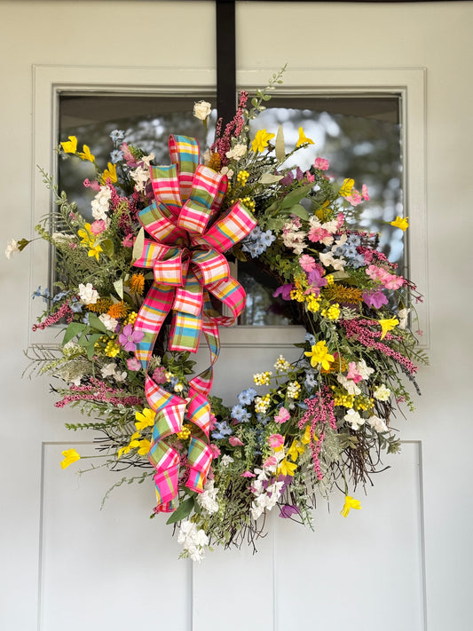 Multi-color Spring Floral Wreath with Plaid Bow