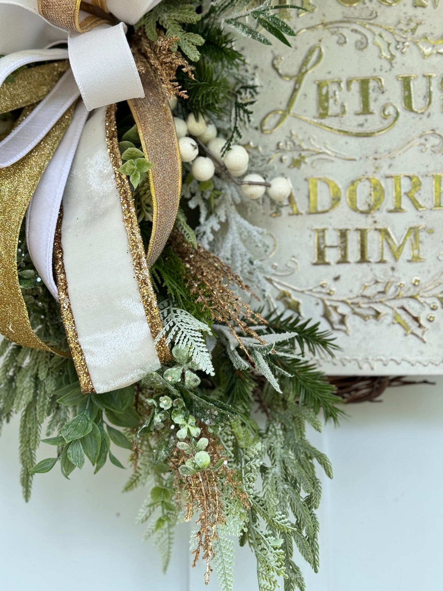 White & Gold Winter/Christmas “Adore Him” Wreath