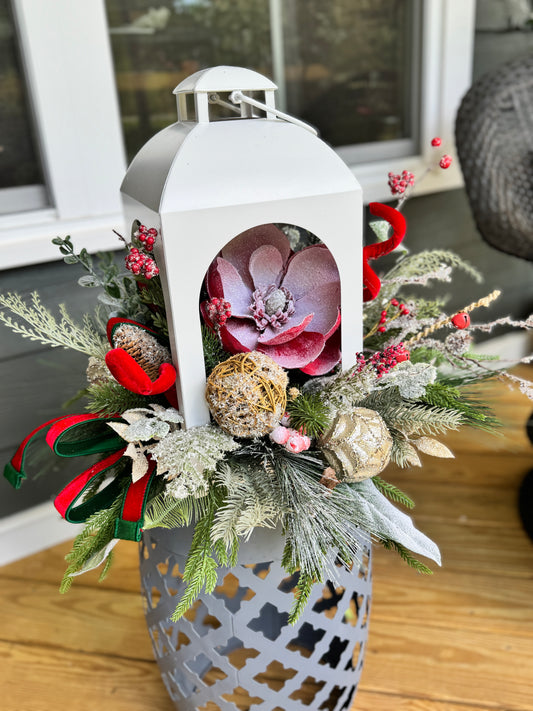Small White Winter Lantern Floral Arrangement