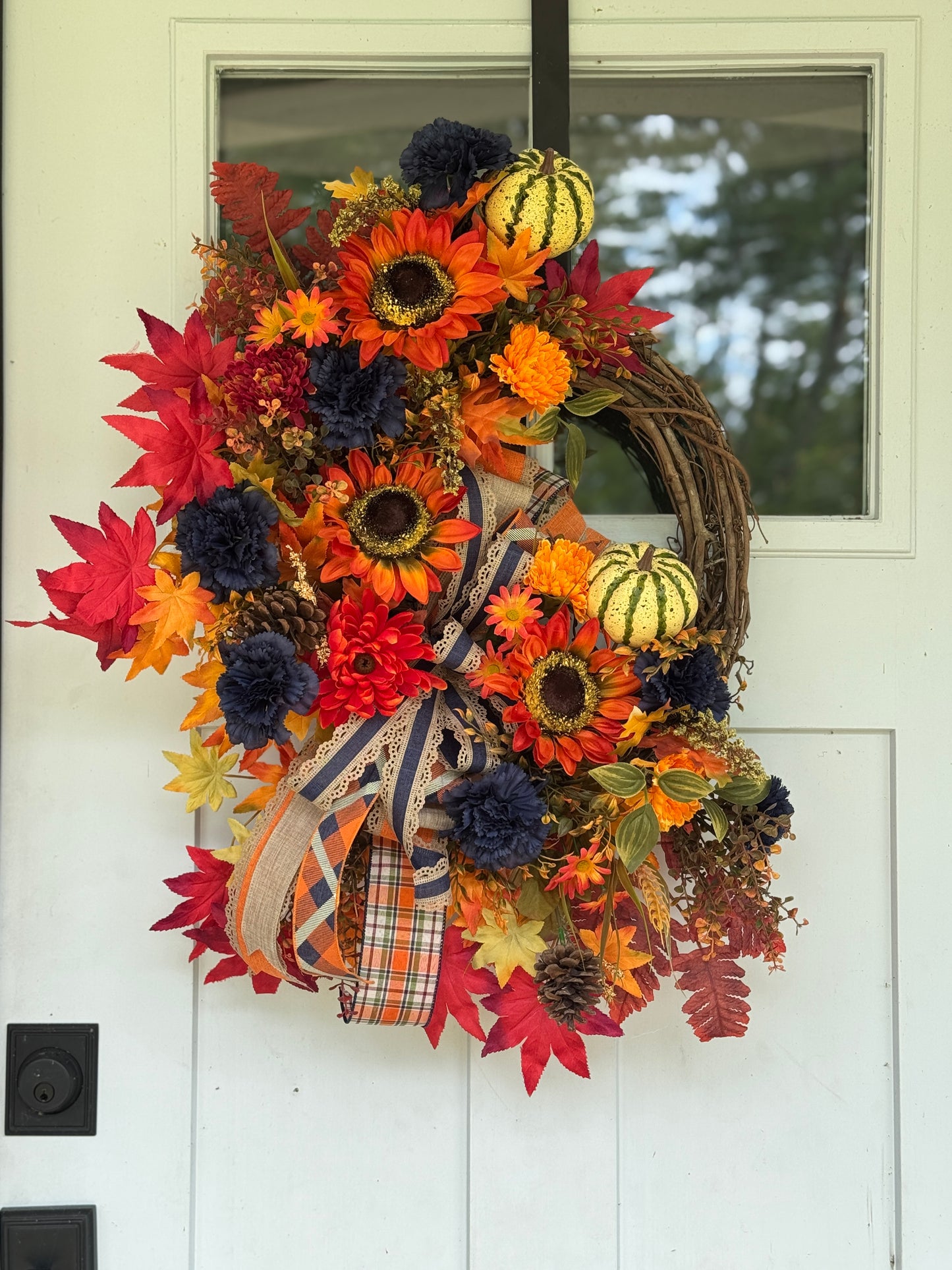 Orange and Navy Blue Autumn Floral Wreath