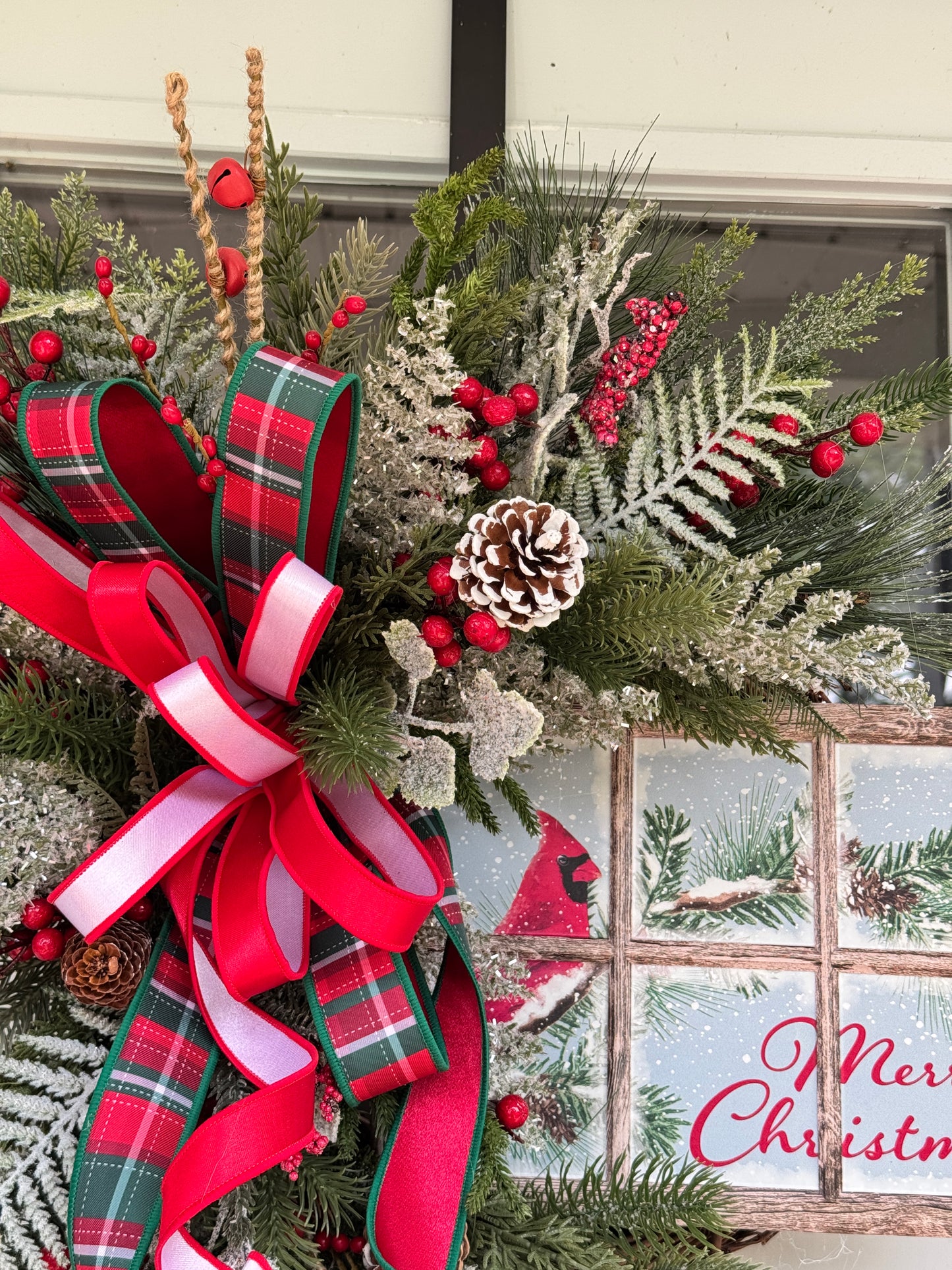 Christmas Wreath with Cardinal Window Pane Sign
