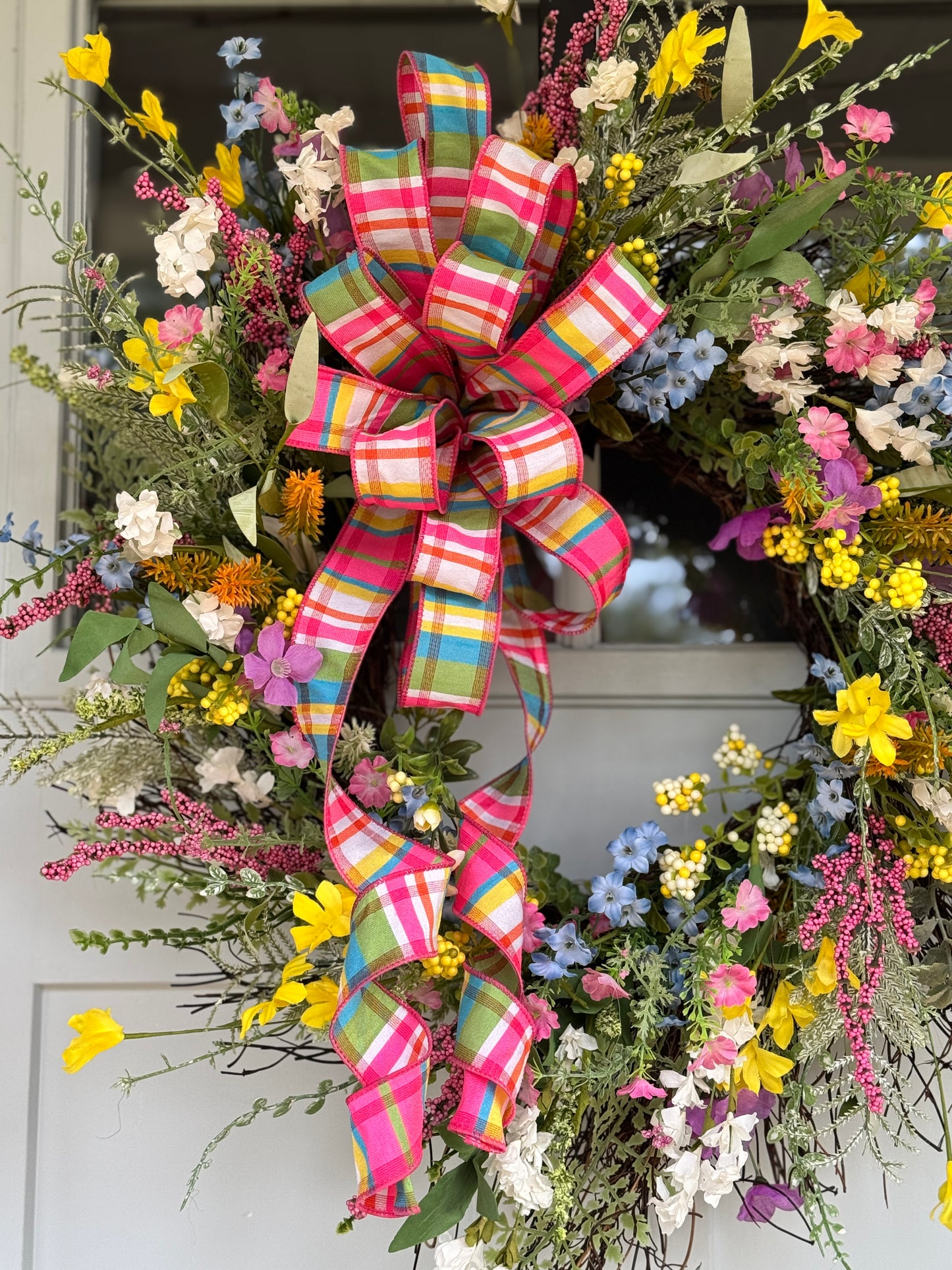 Multi-color Spring Floral Wreath with Plaid Bow