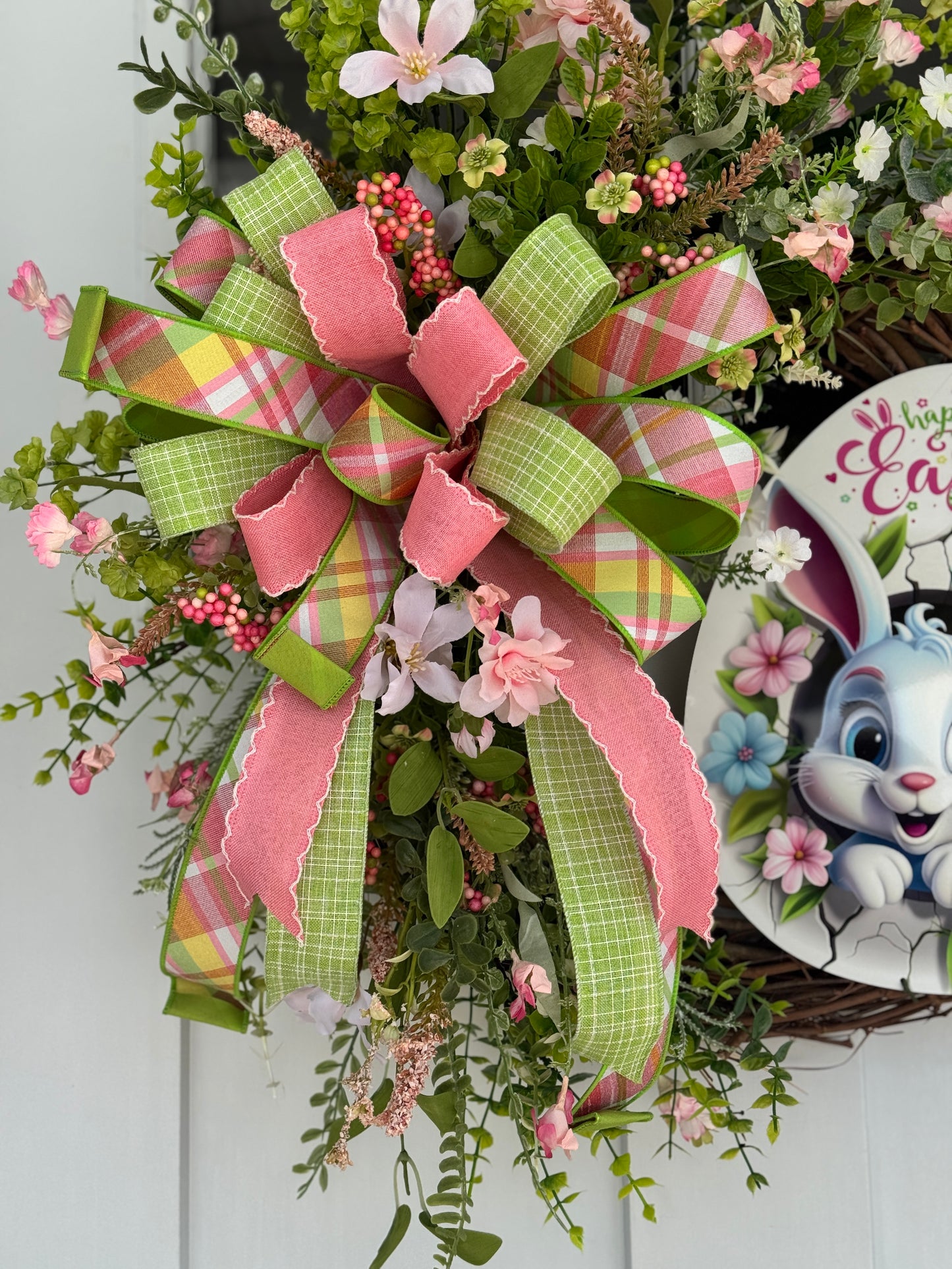 Easter Bunny Floral Wreath with Pink and Green Accents