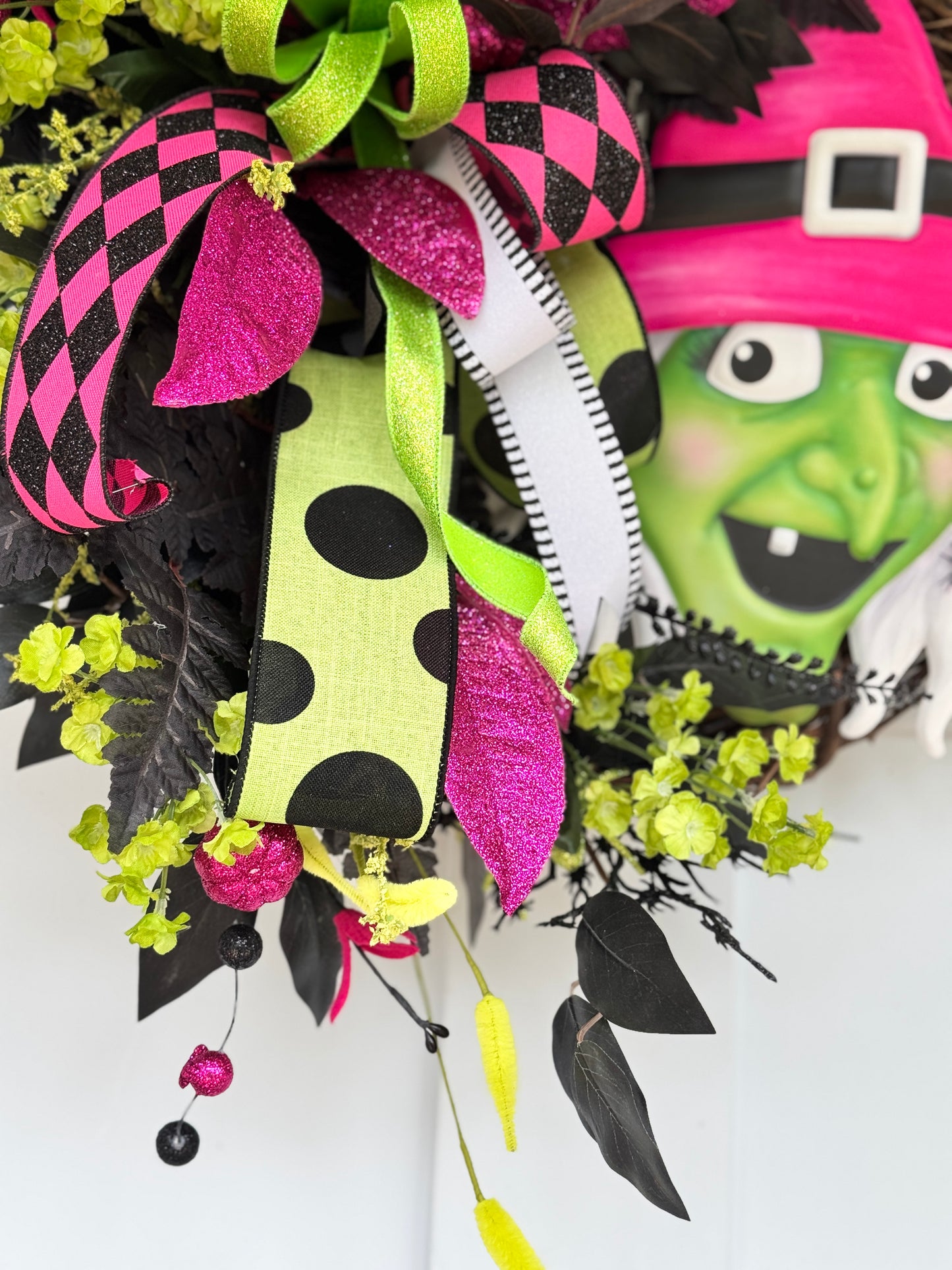Vibrant Pink & Green Witch Halloween Wreath