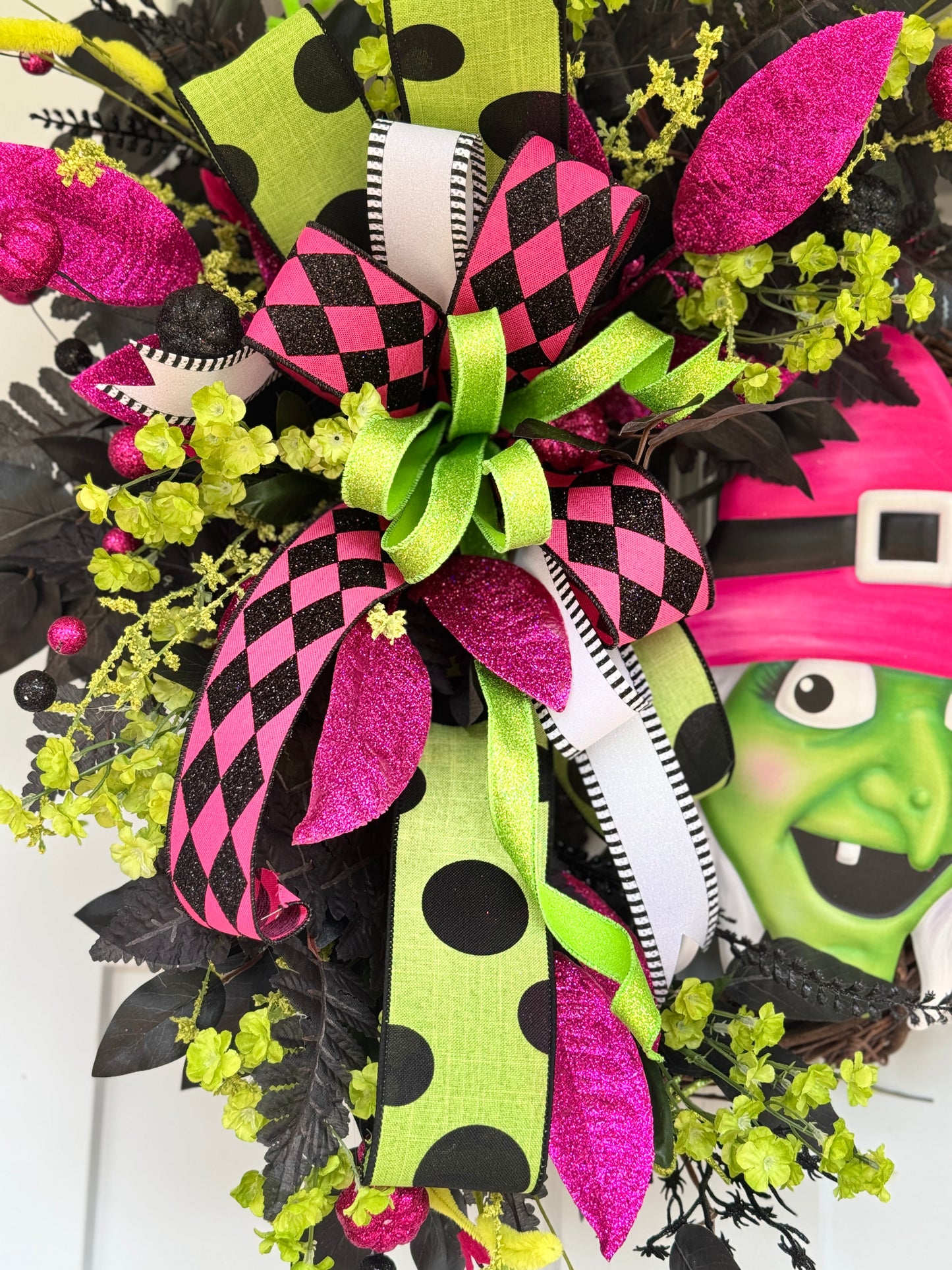 Vibrant Pink & Green Witch Halloween Wreath