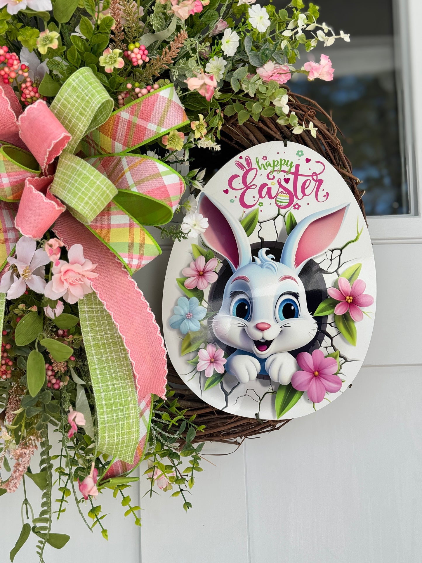 Easter Bunny Floral Wreath with Pink and Green Accents