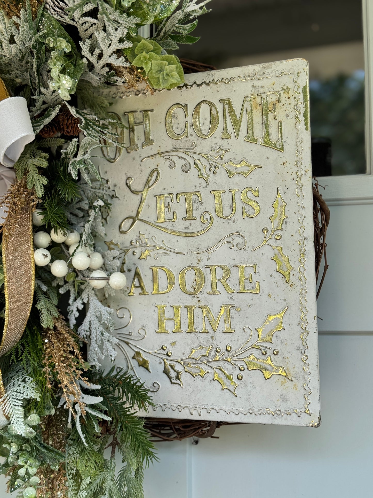 White & Gold Winter/Christmas “Adore Him” Wreath