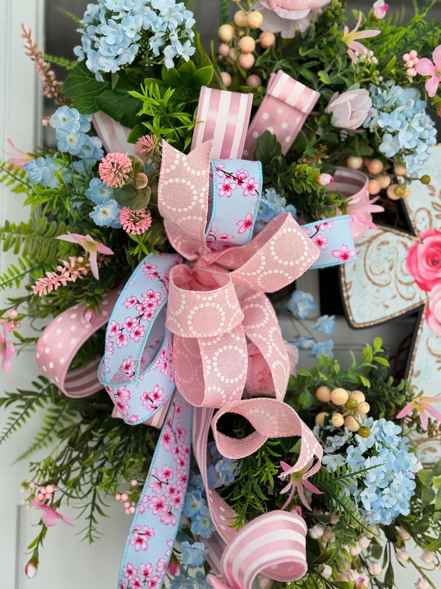 Pink and Blue Floral Easter Wreath with Cross