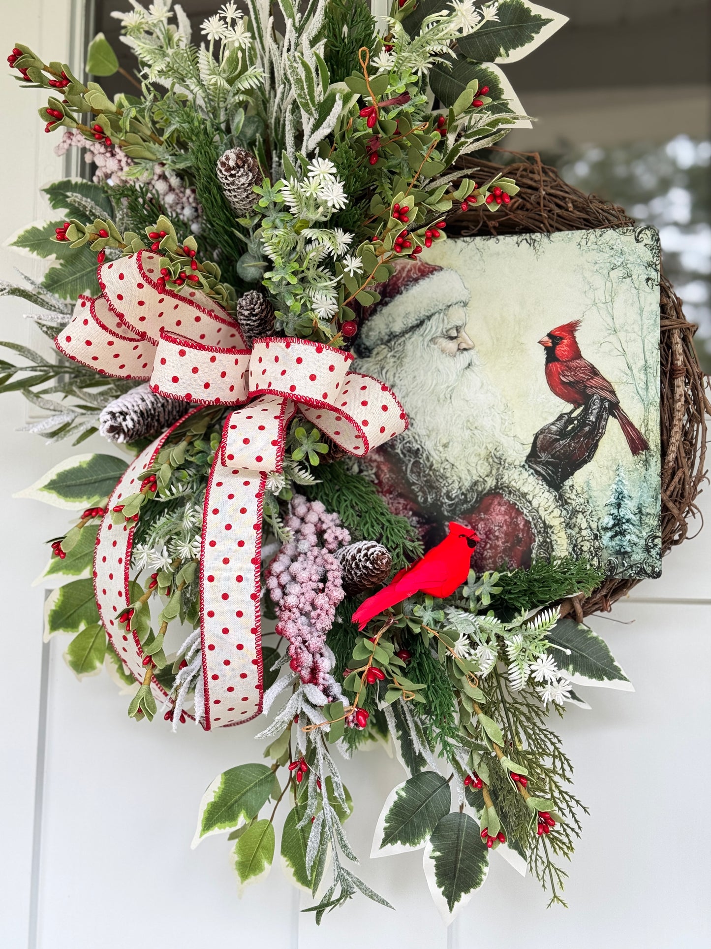 Vintage Inspired Santa and Cardinal Wreath
